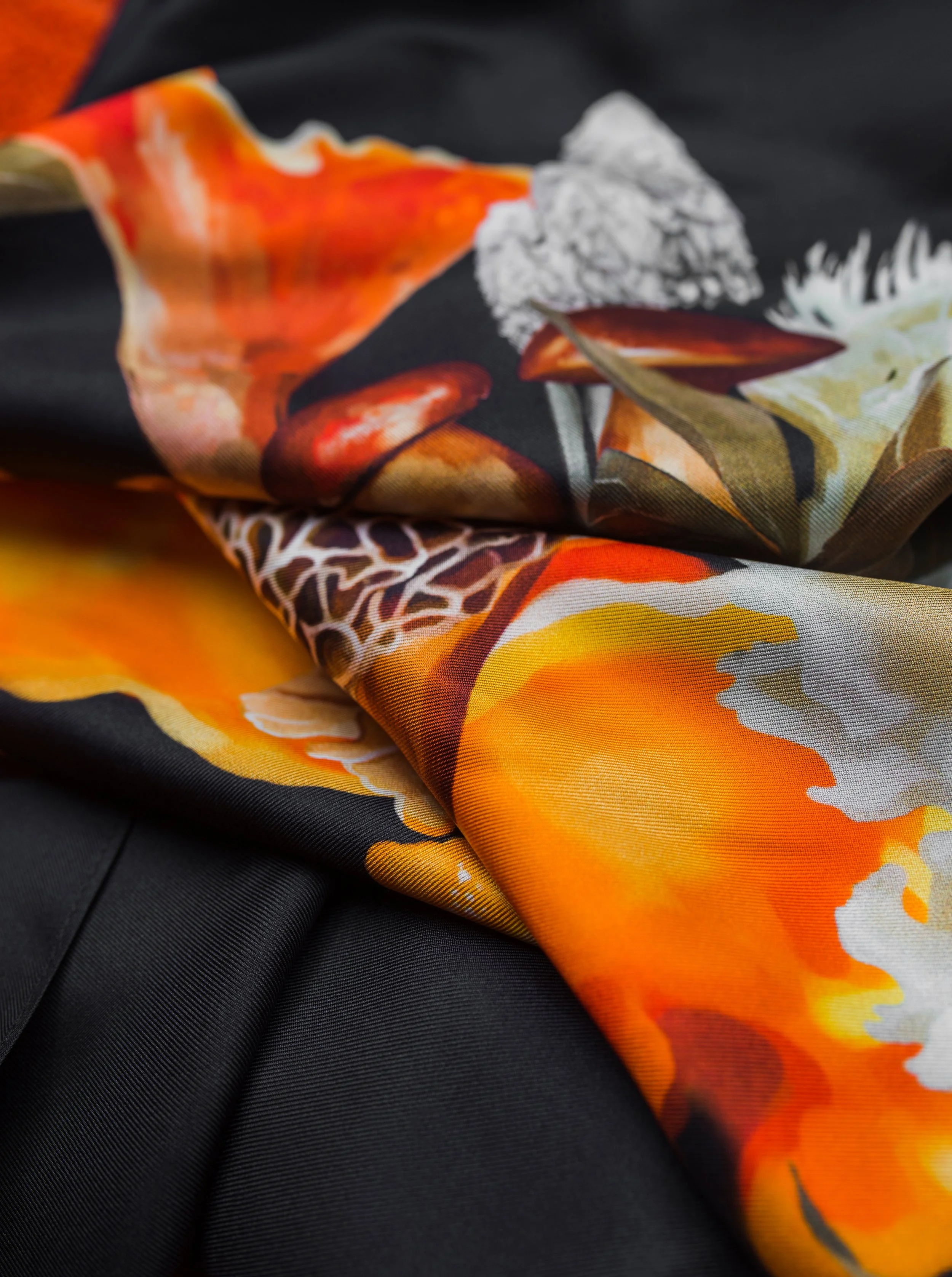 UNITY - in Black - designer silk scarf — hand-drawn mushroom print detail on silk twill