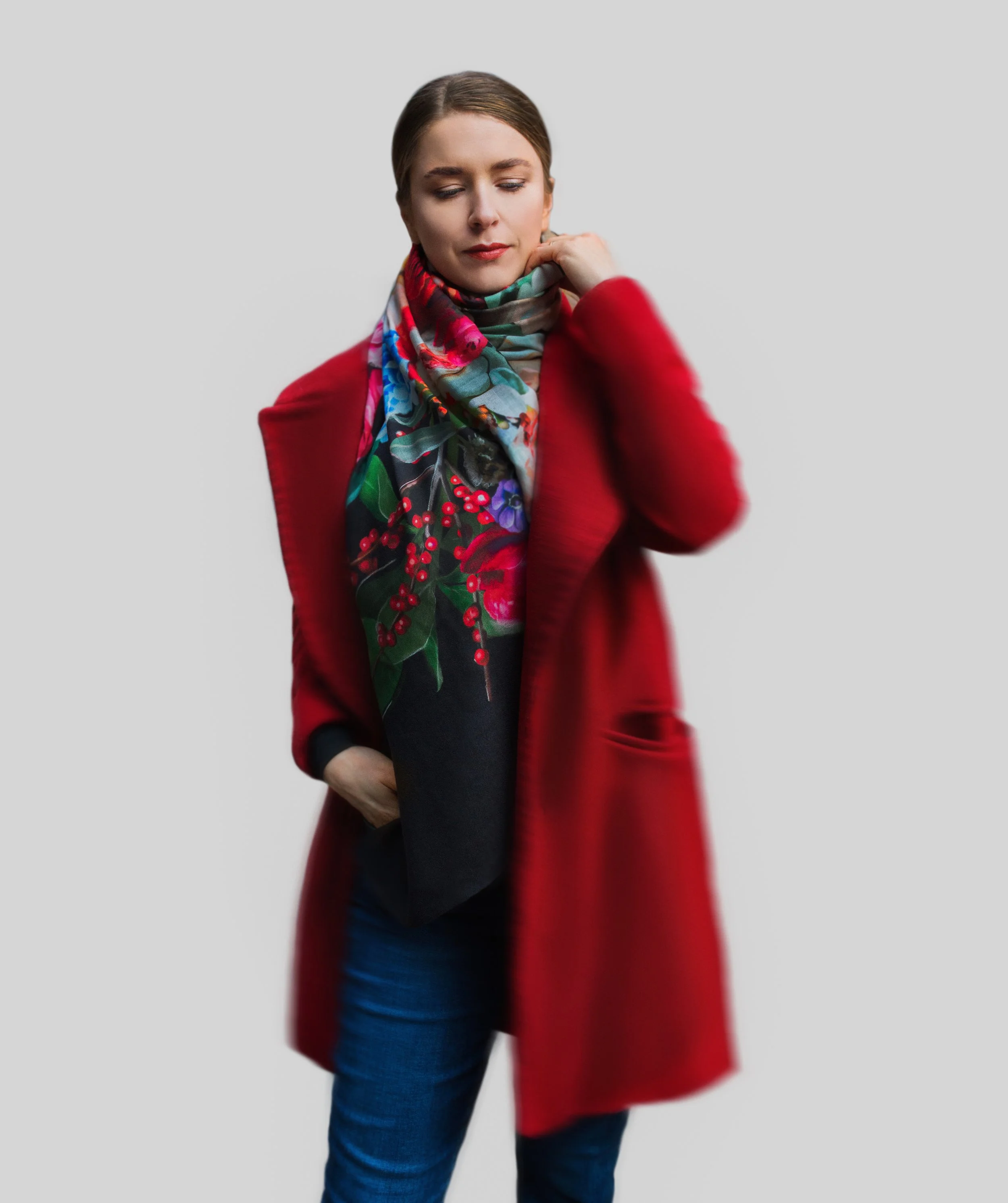 SOUL GARDEN designer wool silk shawl — styled with a red coat
