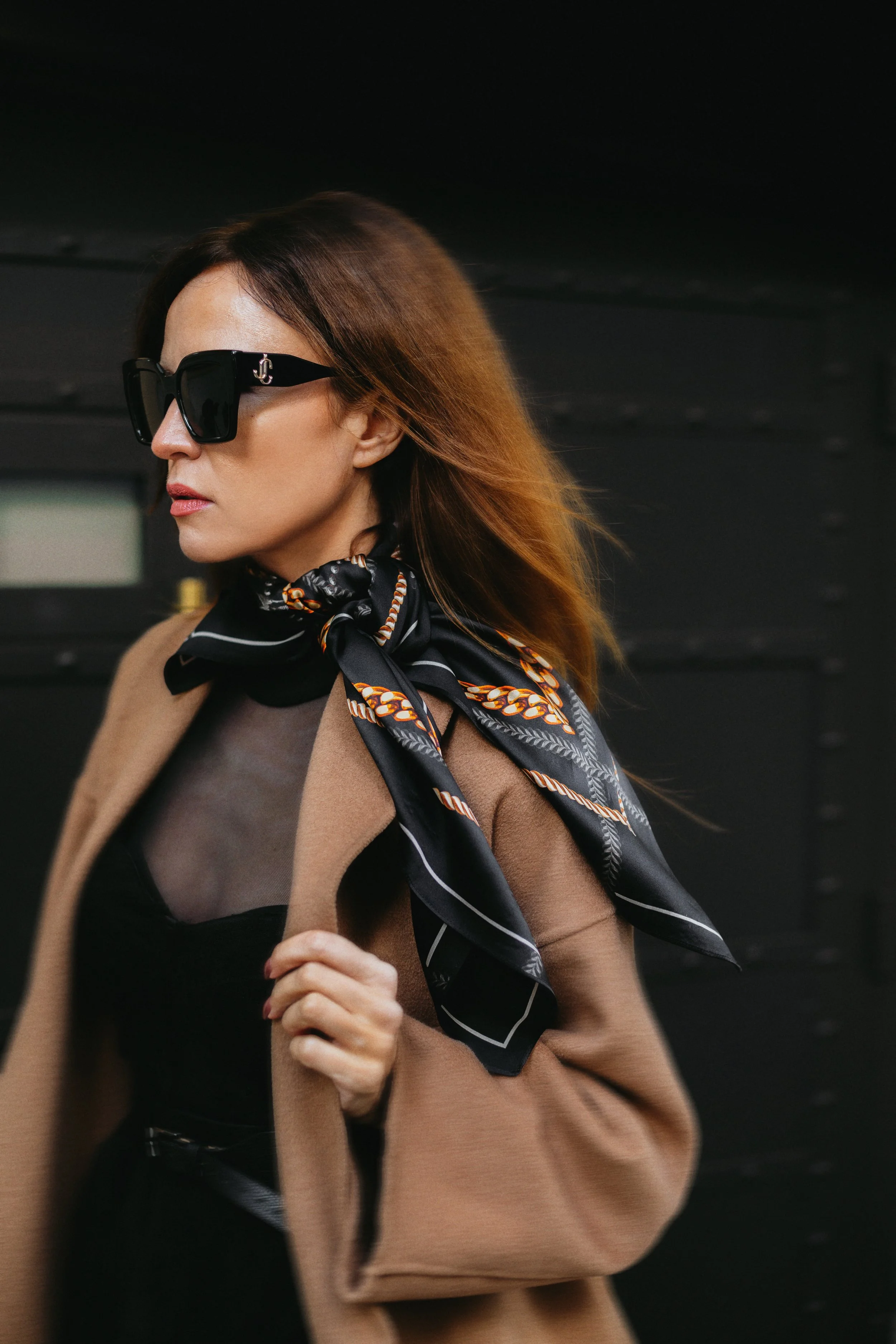 ENDLESS KISS in black designer silk scarf — tied around the neck, designer silk scarf styling