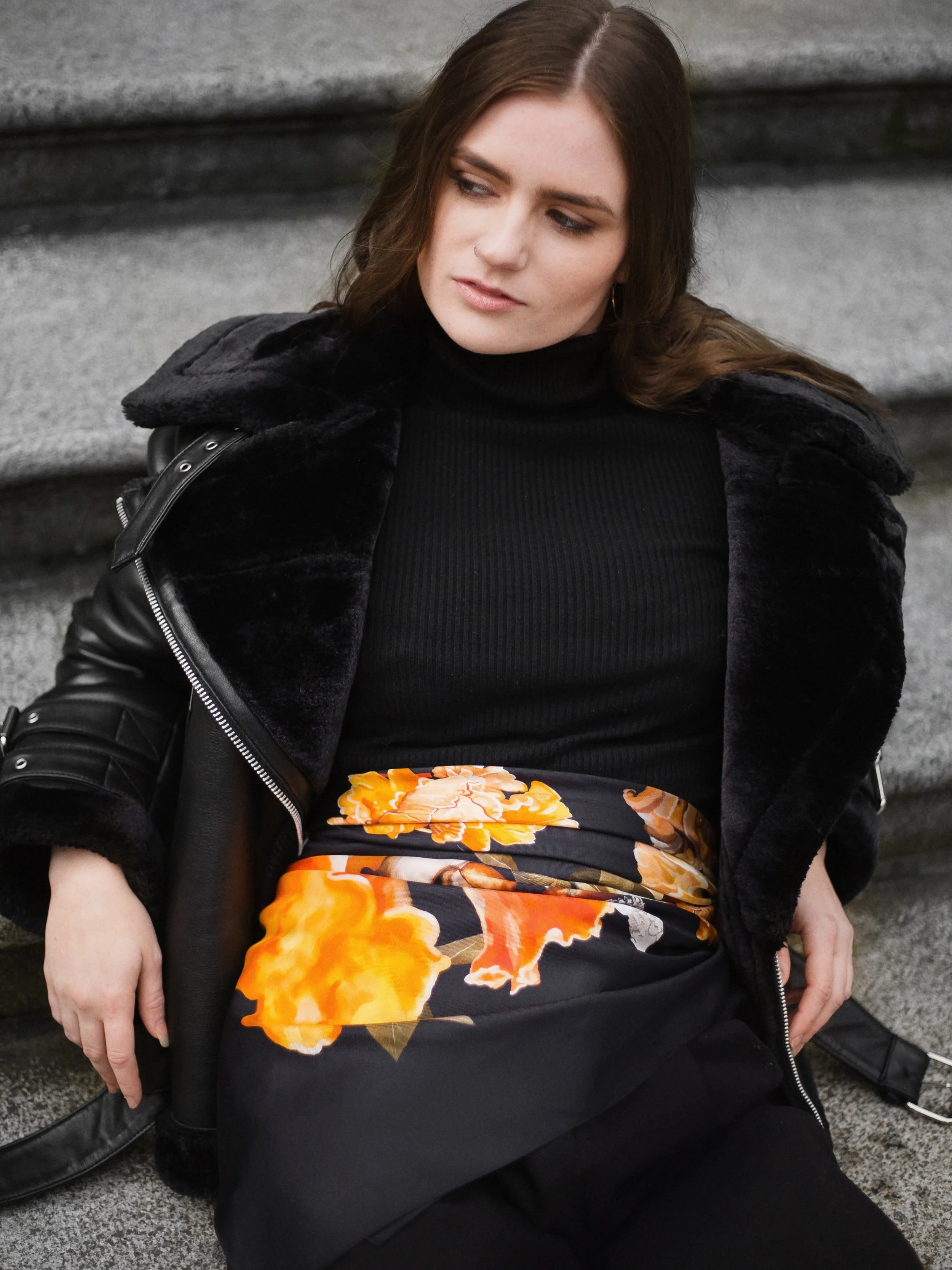 UNITY - in Black - designer silk scarf — tied at the waist as a belt