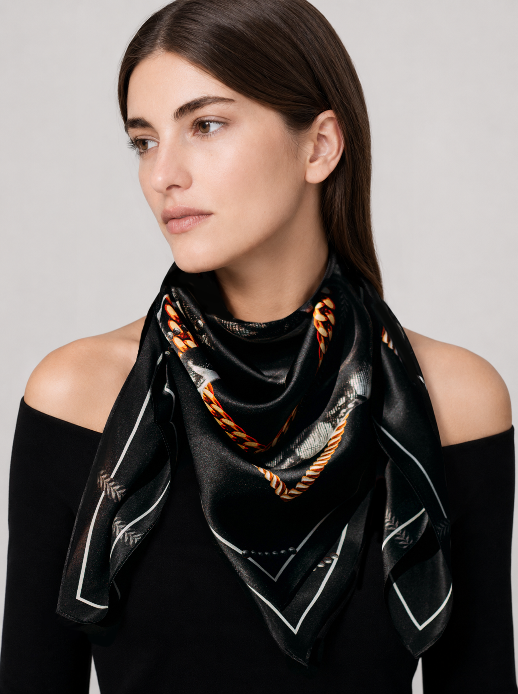 designer genuene silk scarf, black satin, snake pattern.png