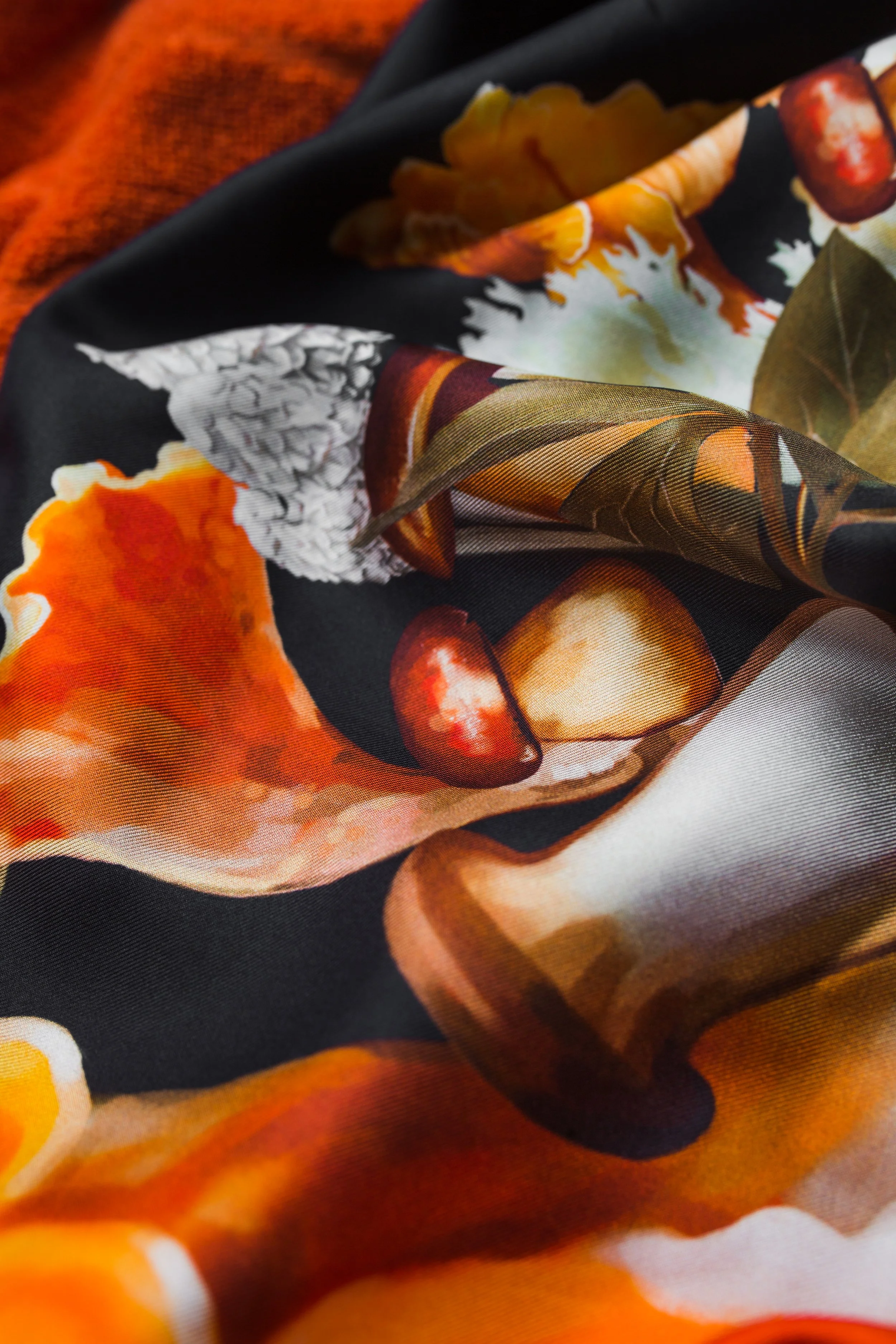 UNITY - in Black - silk scarf — close-up of the hand-drawn flower and mushroom print on black silk twill