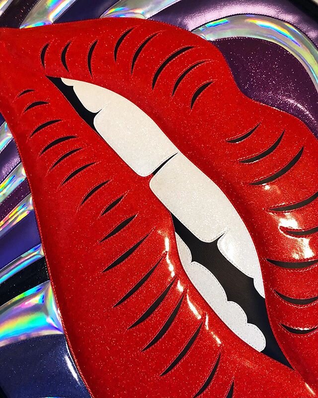 &ldquo;Lips&rdquo; closer look. #velvet #irridescent #feel #lips #texture #sold #lips #bite #bedroomart #austintxart #atxartist #upholstry #glitter #whiteteeth #contrast #pop #rubyred #puffyart #upholstery #vinyl #mouth #purple #red #unique #commissi