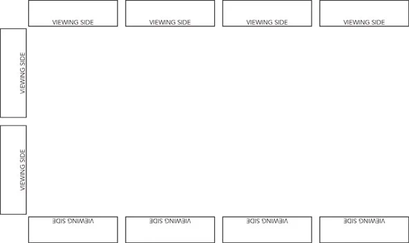 Ten panels arranged around the outside of a room. (The first and last panels have other jobs.)