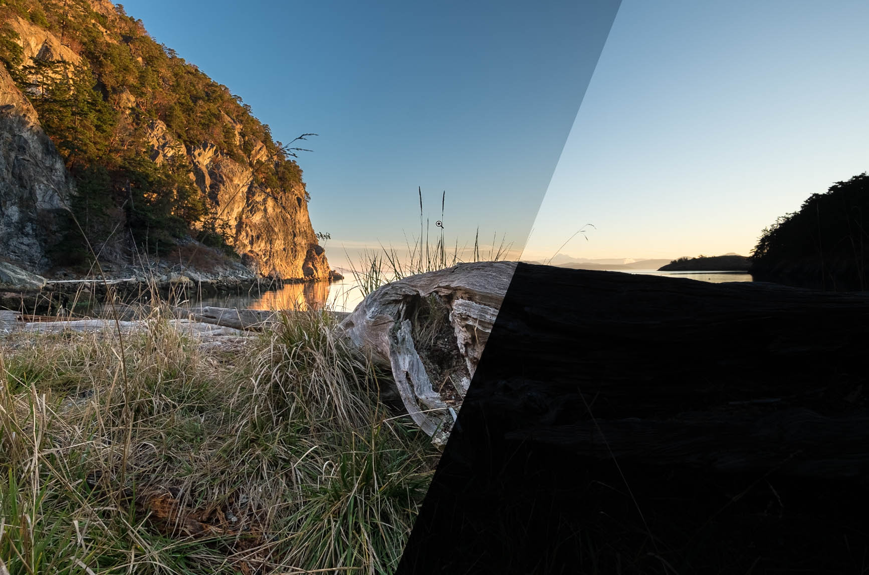 Split view of after/before versions to show how detail can be revealed from a raw file.