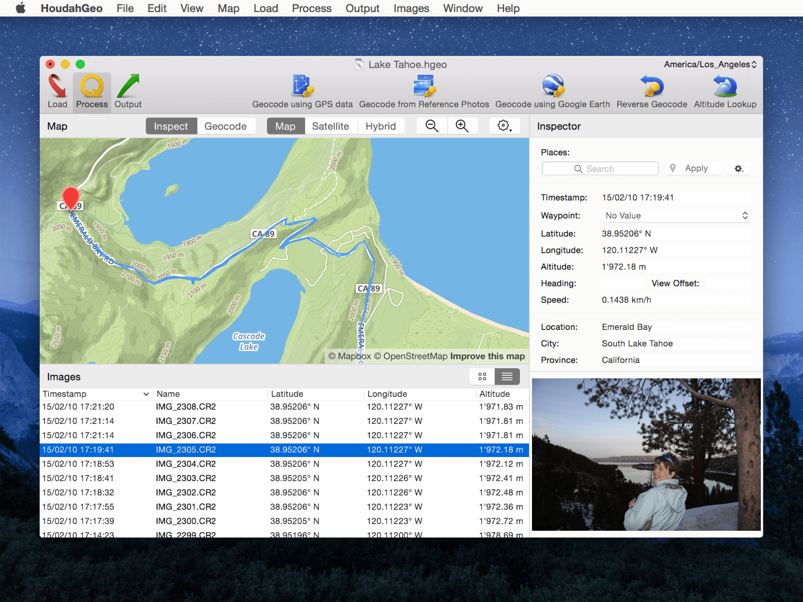 Tracklog synced with photos in HoudahGeo Photo: Houdah