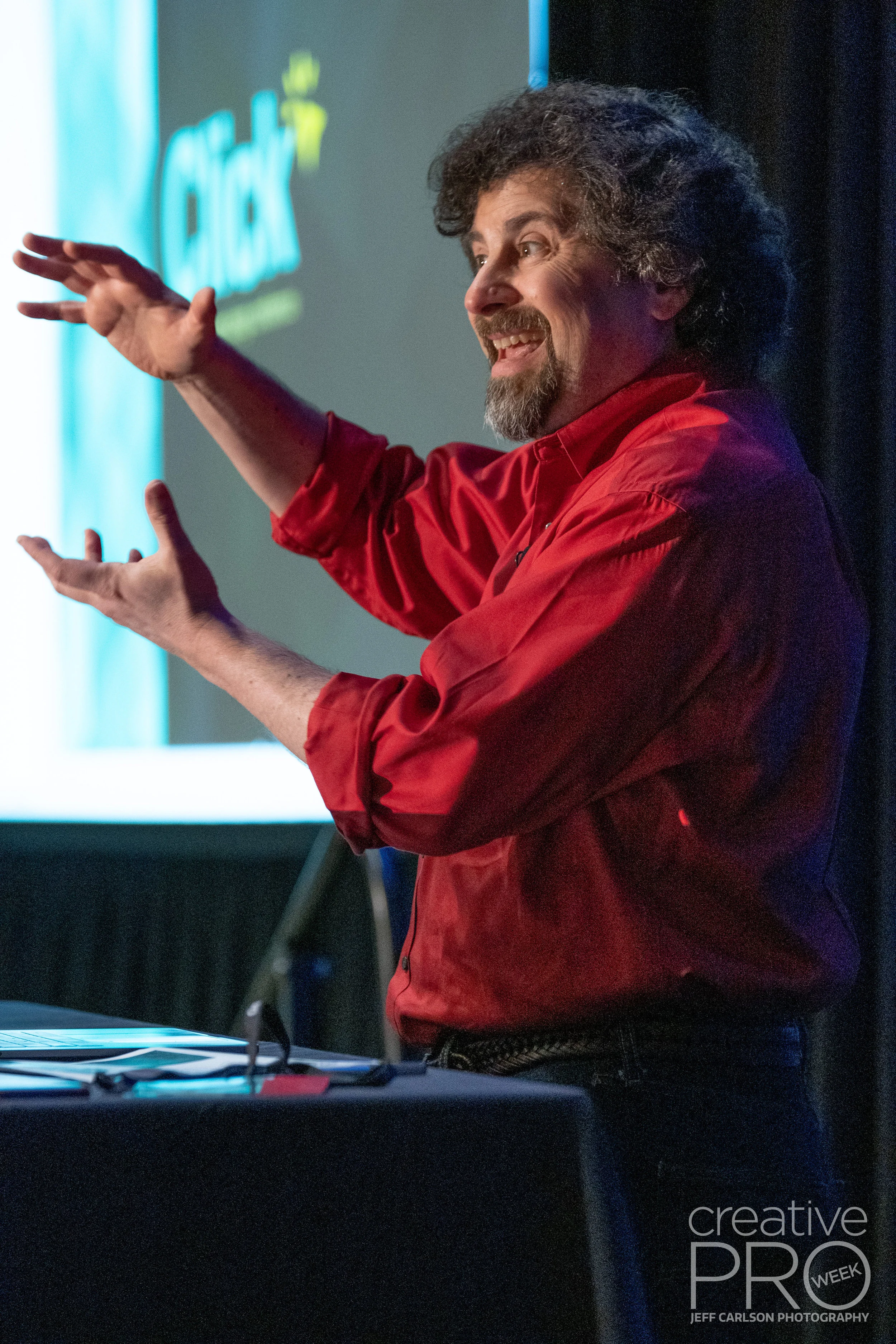 Speaker David Blatner at CreativePro Week 2019 Camera: Fujifilm X-T3 Shutter speed: 1/125 sec Aperture: f/2.8 ISO: 3200 Lens: Fujifilm XF 50-140mm f/2.8 LM OIS WR Photo: Jeff Carlson, courtesy of CreativePro Week