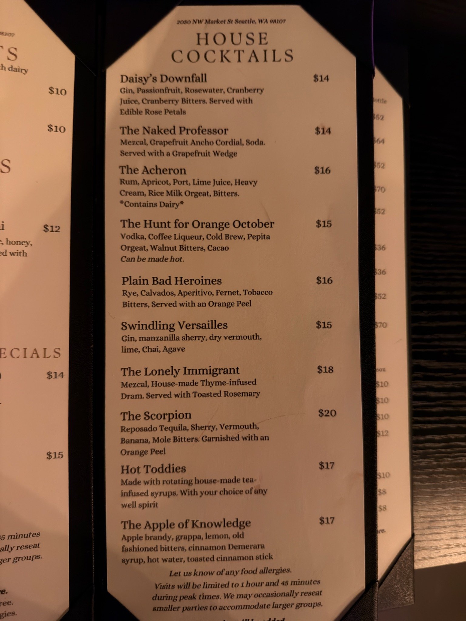 Snapshot of a bar menu showing cocktails with literary or movie references.