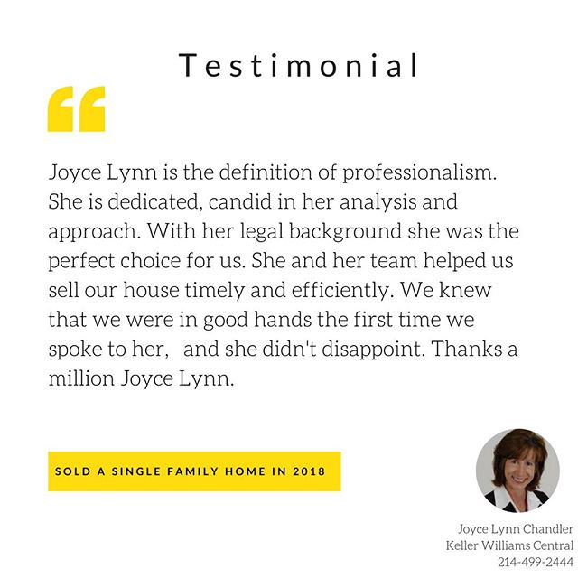 I absolutely love my clients! Here is one of many testimonials I have received from past clients. ❤️ If you're looking to buy or sell a home in the D/FW area, call Joyce Lynn Chandler with Keller Williams Central Texas at 214-499-2444.
#realtor#real