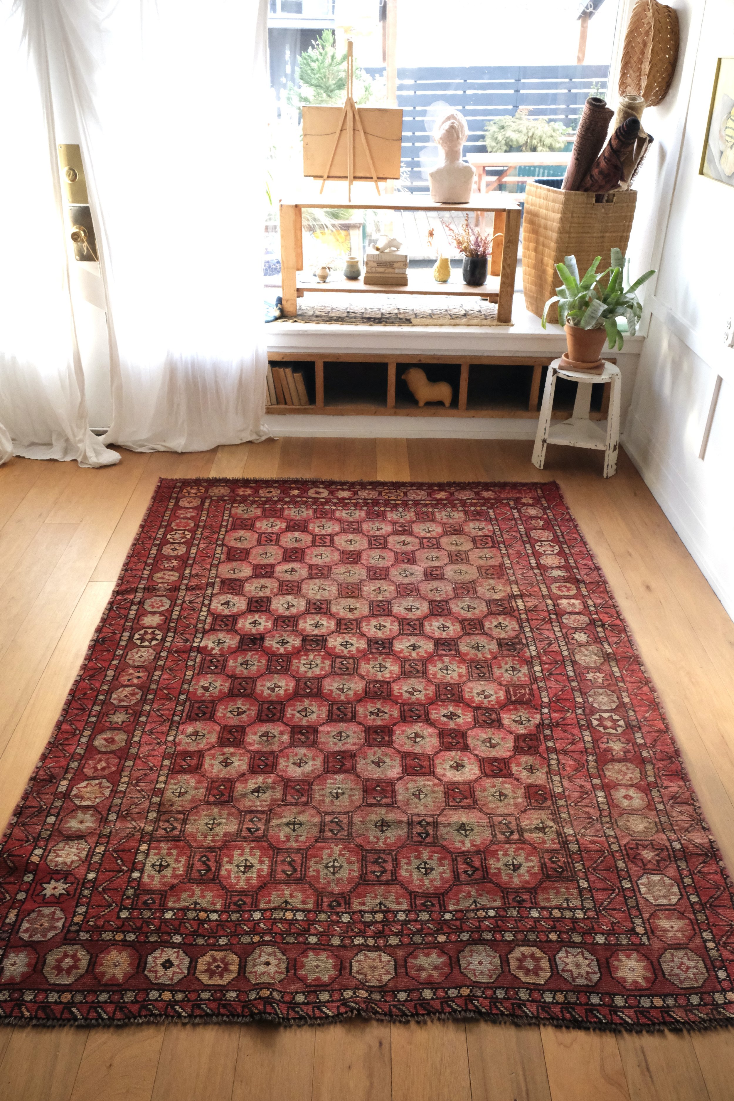 a full view of the vintage Turkoman rug in the studio a repeating gul pattern throughout