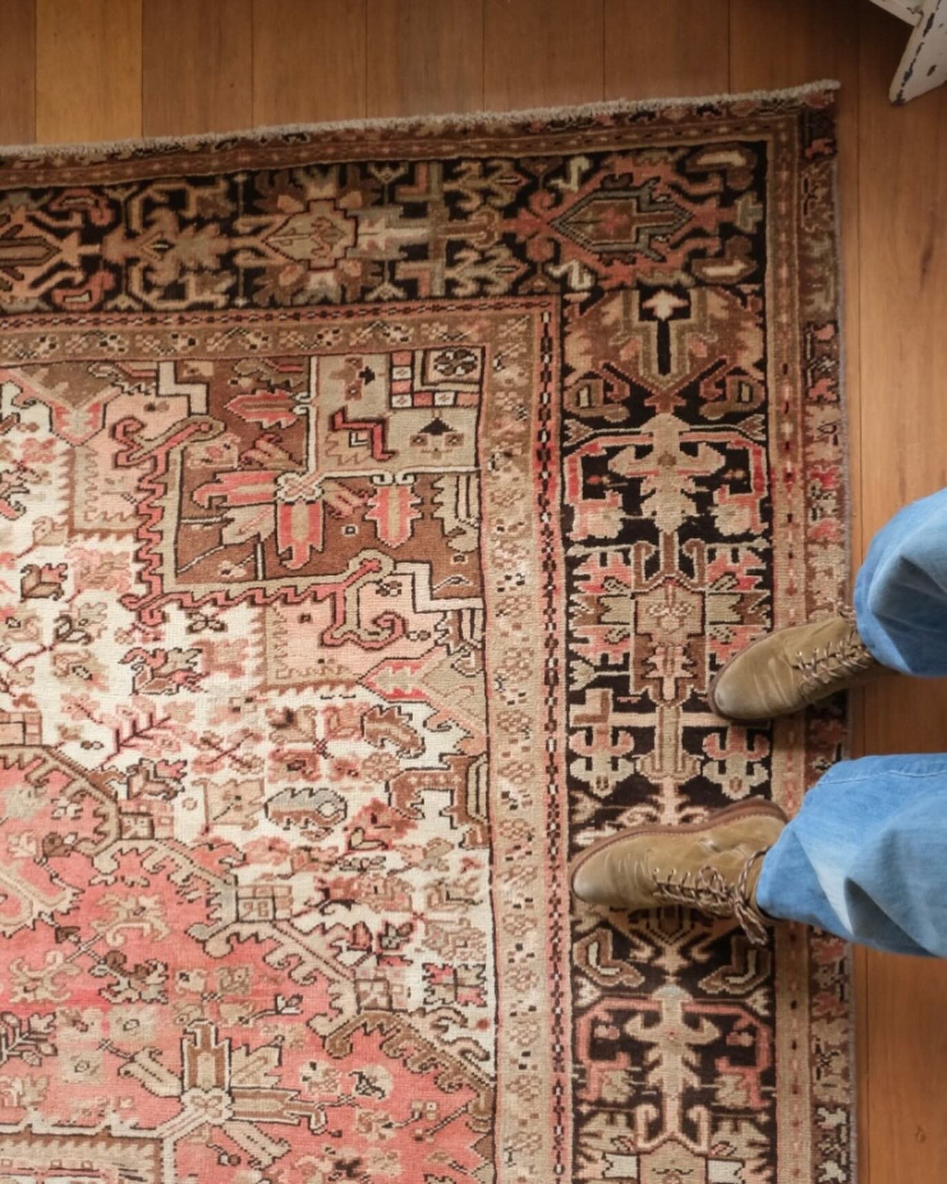 This 12x10ish vintage Heriz rug needed a space on the grid. Gorgeous soft colors like rose, terra cotta, bone, espresso and pale smoke blue. It&rsquo;s eligible for our in-house layaway program too. We love Heriz rugs for their timeless style and ext