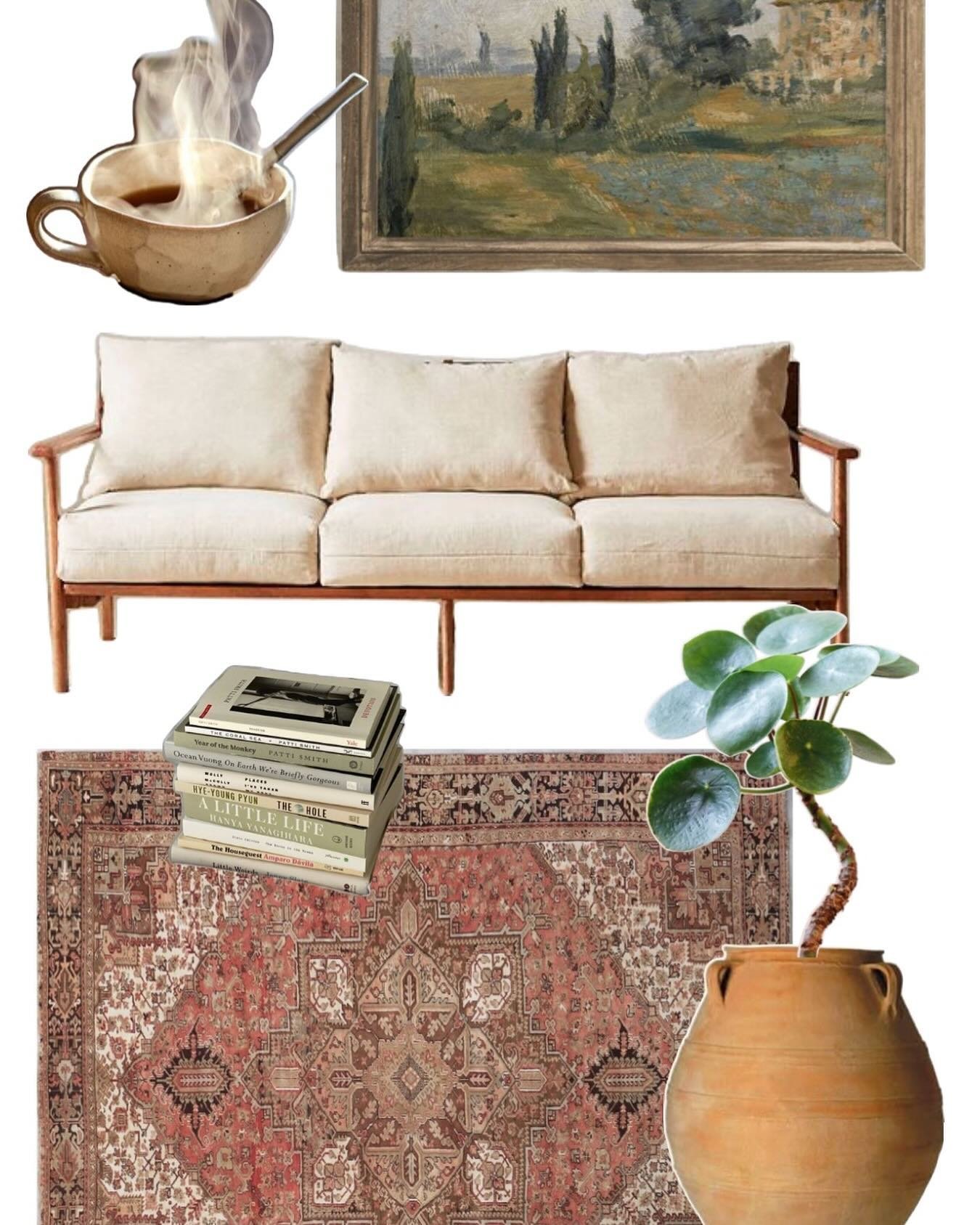 The rug that ties the room together 🪴 If I were to design a living room around this big beautiful Heriz that we currently have in the shop- this would be my ideal! I love how this rug works so well with the pale greens and earthy terra cottas in thi