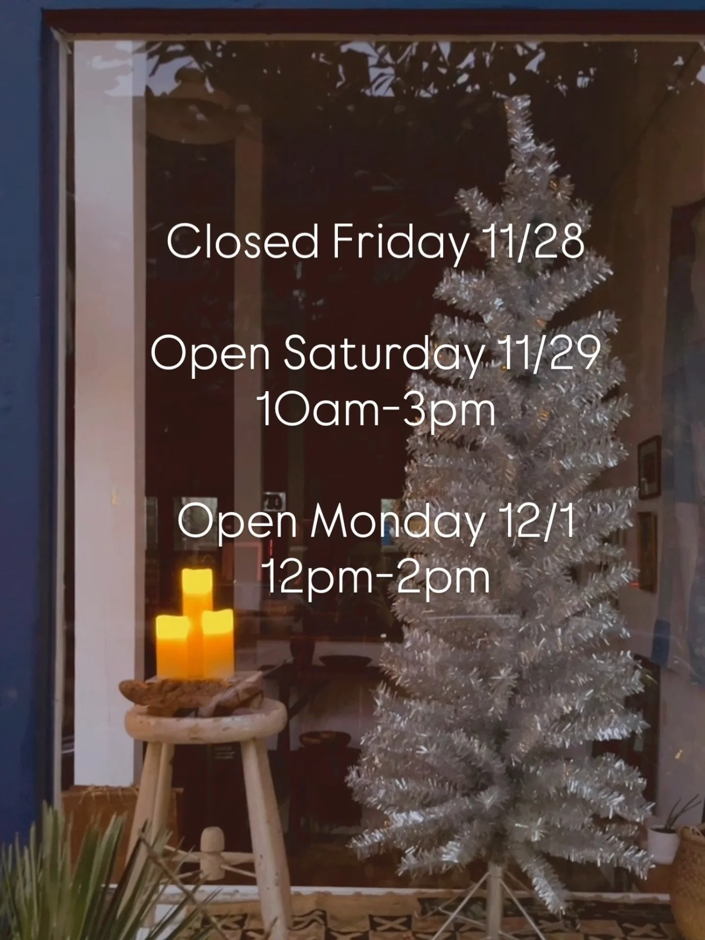 Happy holidays! We&rsquo;re open extended hours 10am-3pm for small business Saturday, we hope to see you!