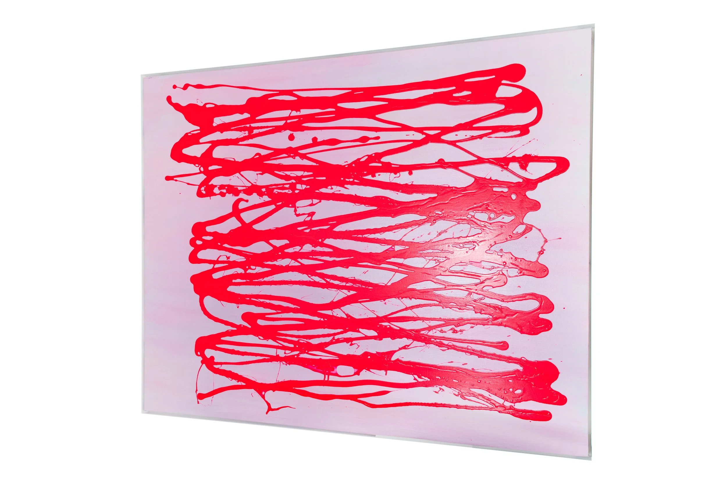 Abstract art painting with red paint splatters on a white background.