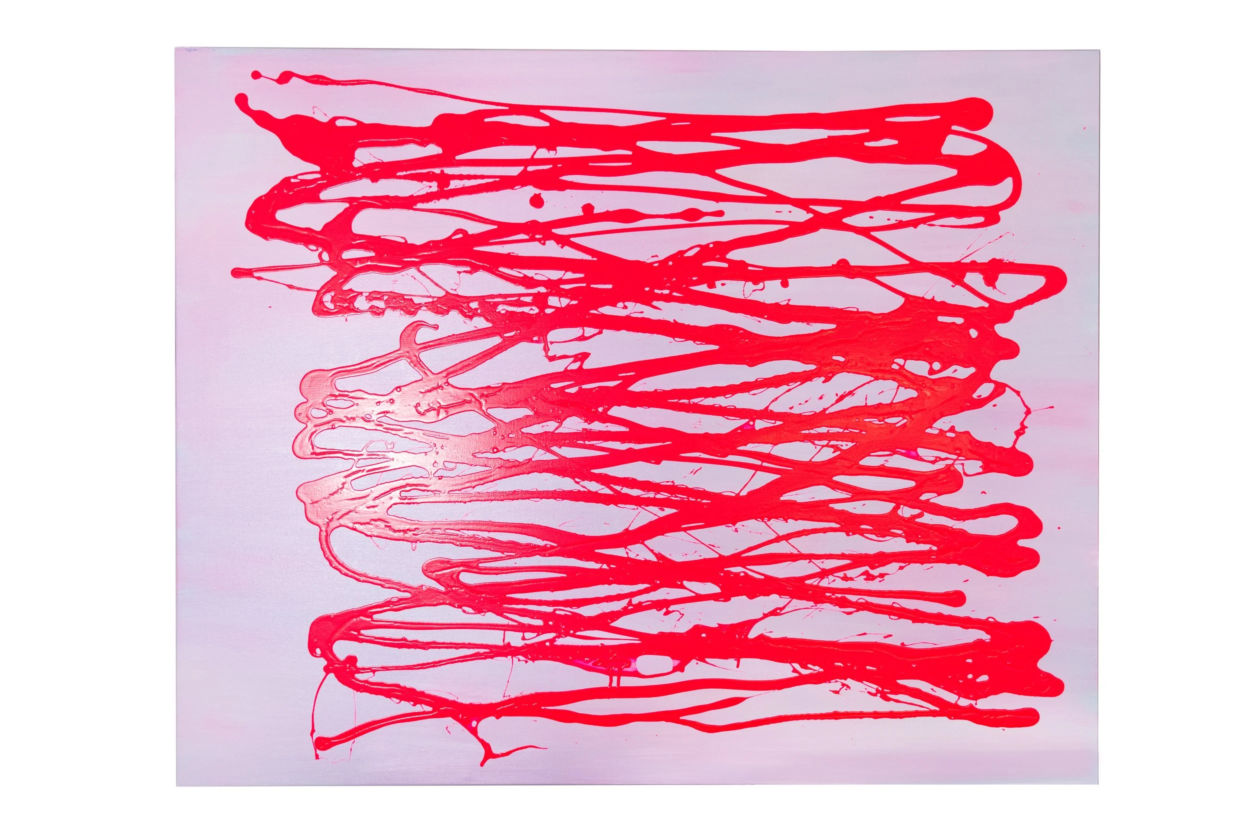 Abstract painting featuring red paint splattered and dripped in irregular, overlapping lines on a light purple background.