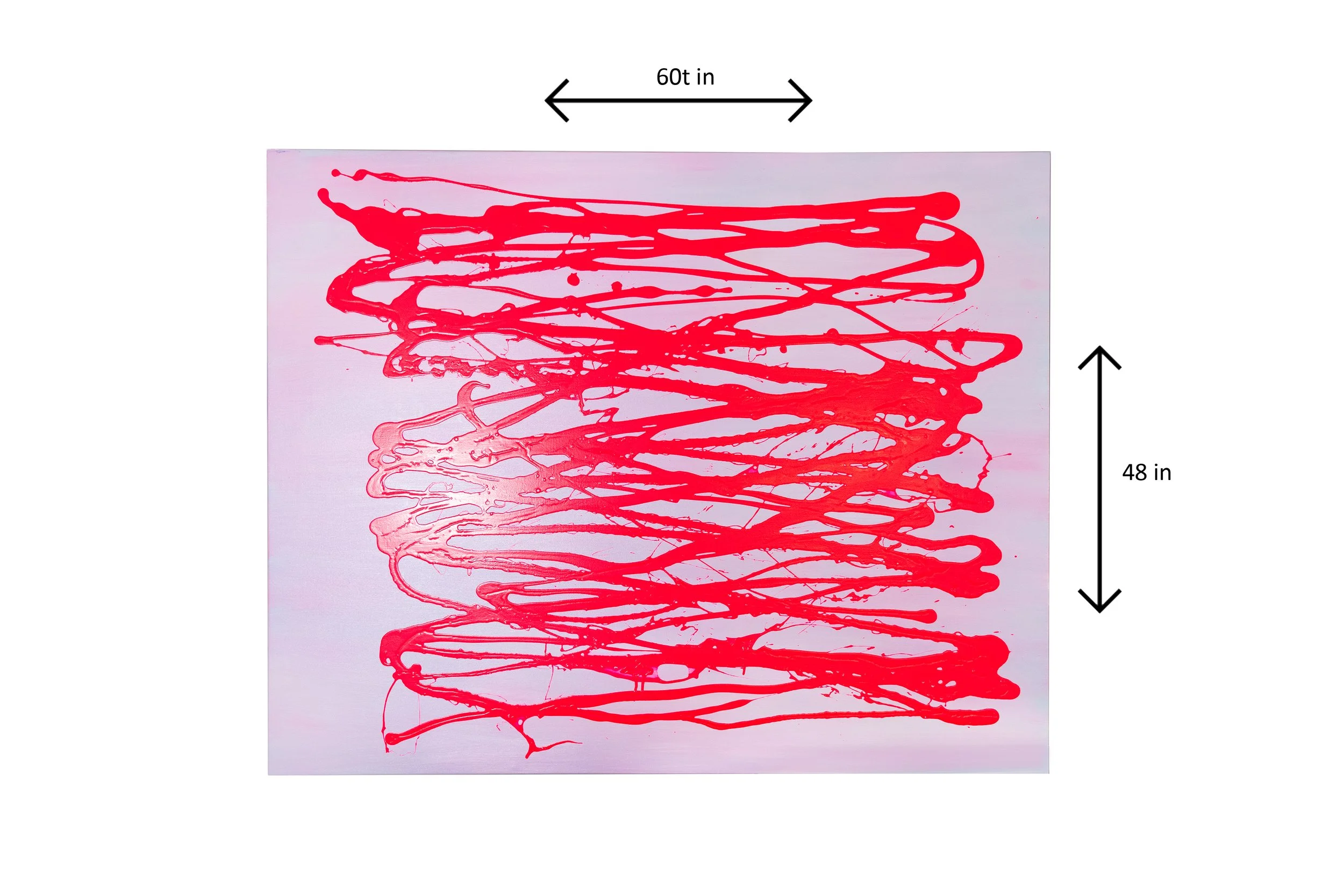Abstract artwork featuring red, irregular, looping lines on a white background, with dimensions of 60 inches wide and 48 inches tall.