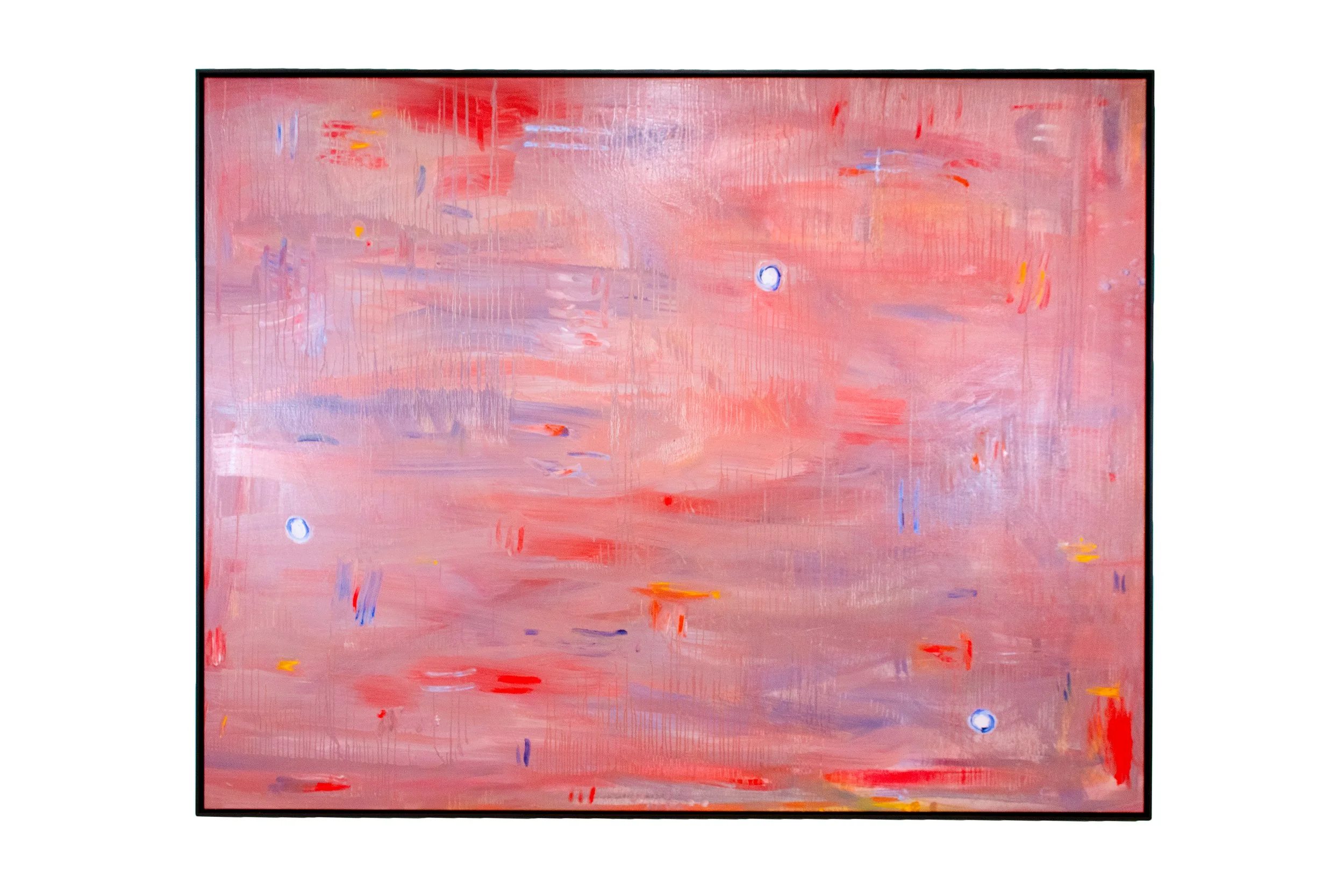 Abstract pink painting with scattered blue, red, yellow, and purple brushstrokes and circular accents.