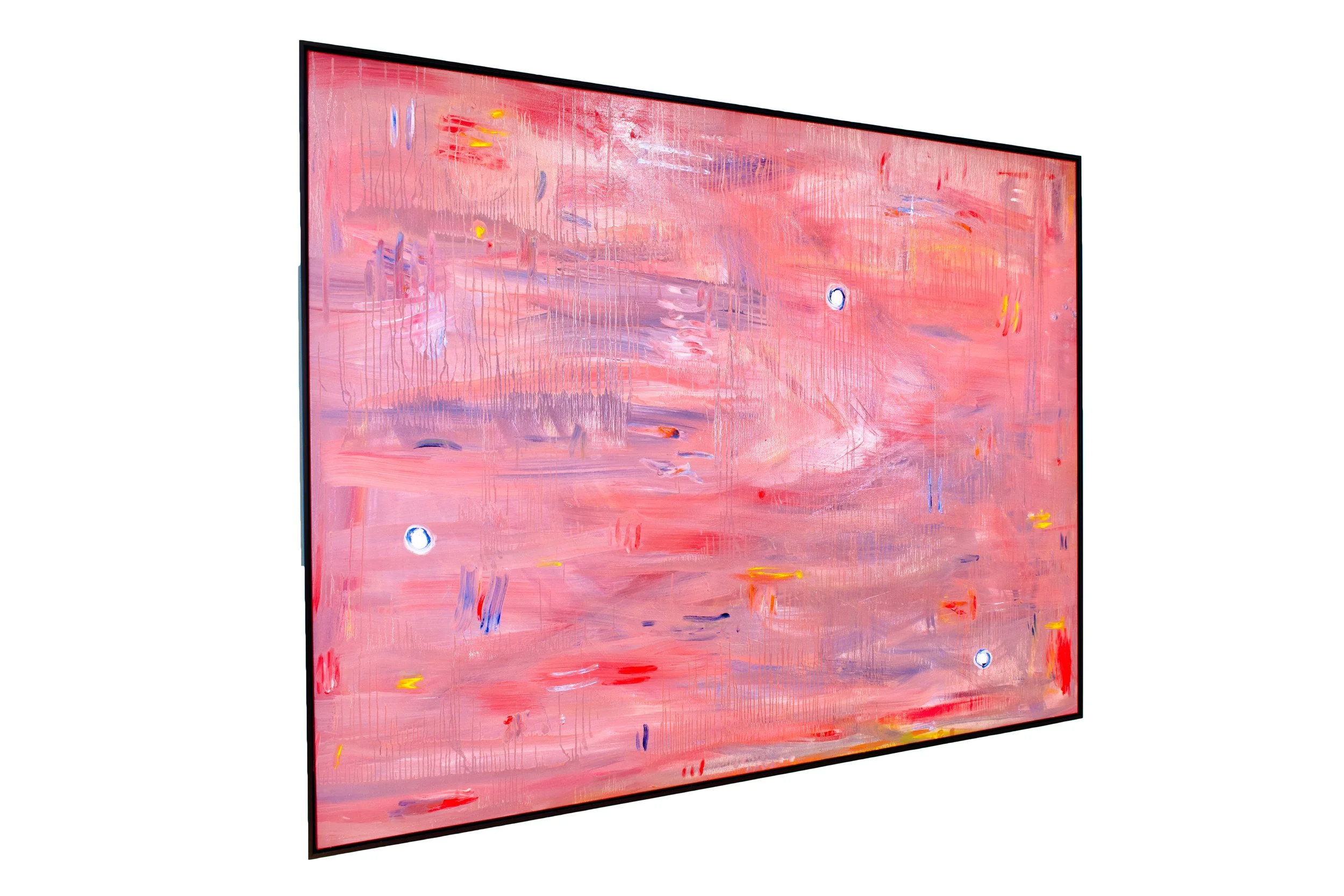 Abstract painting with pinks, purples, and small accents of yellow, red, and blue, within a black frame.