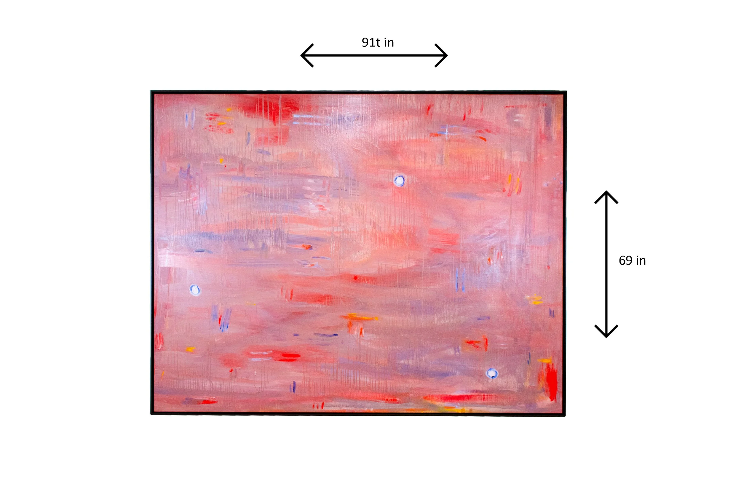 Abstract painting with predominantly pink hues, featuring scattered small blue, yellow, and red accents, framed and measured at 91 inches wide and 69 inches tall.