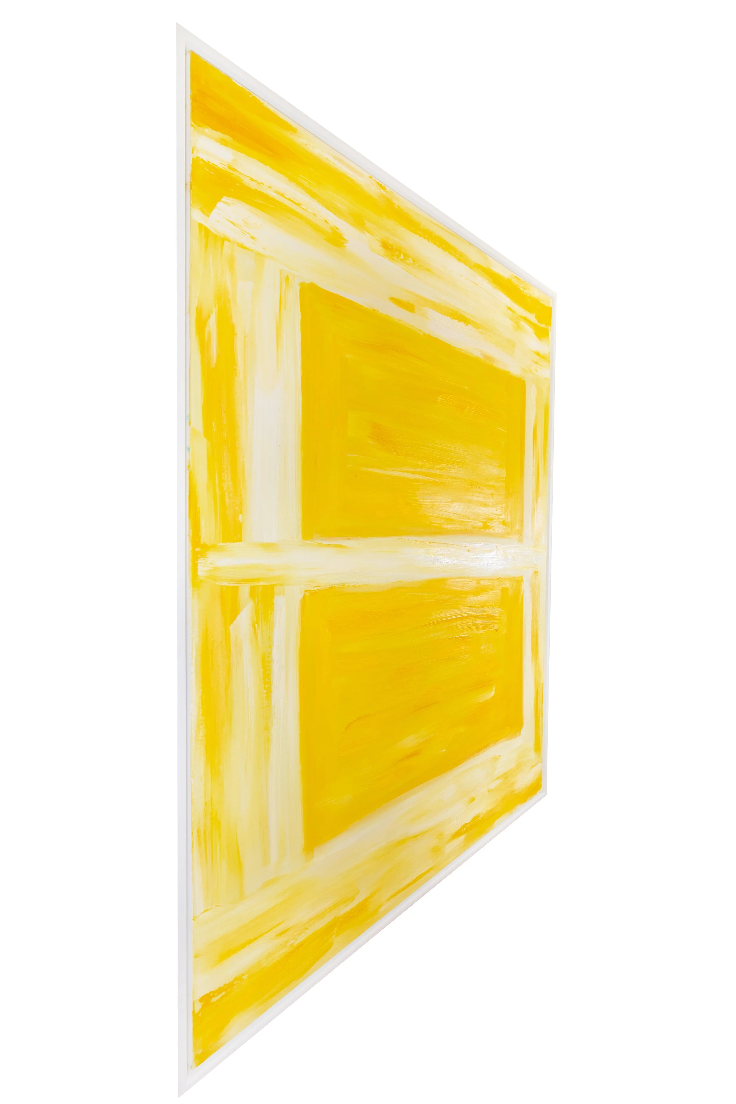 Abstract painting with yellow and white brushstrokes on a large canvas.