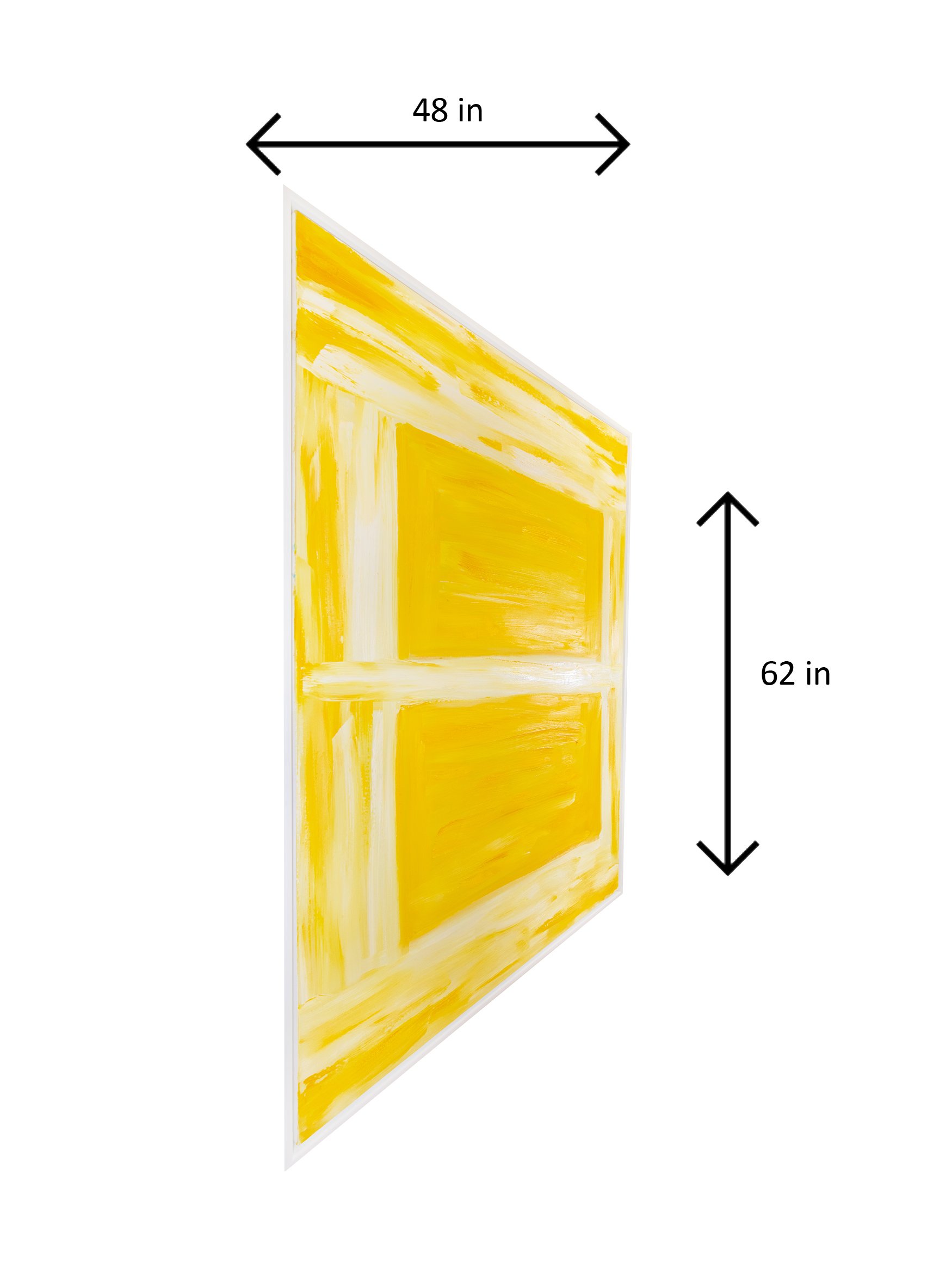 Painting of a yellow window with white framing, dimensions 48 inches wide and 62 inches tall.