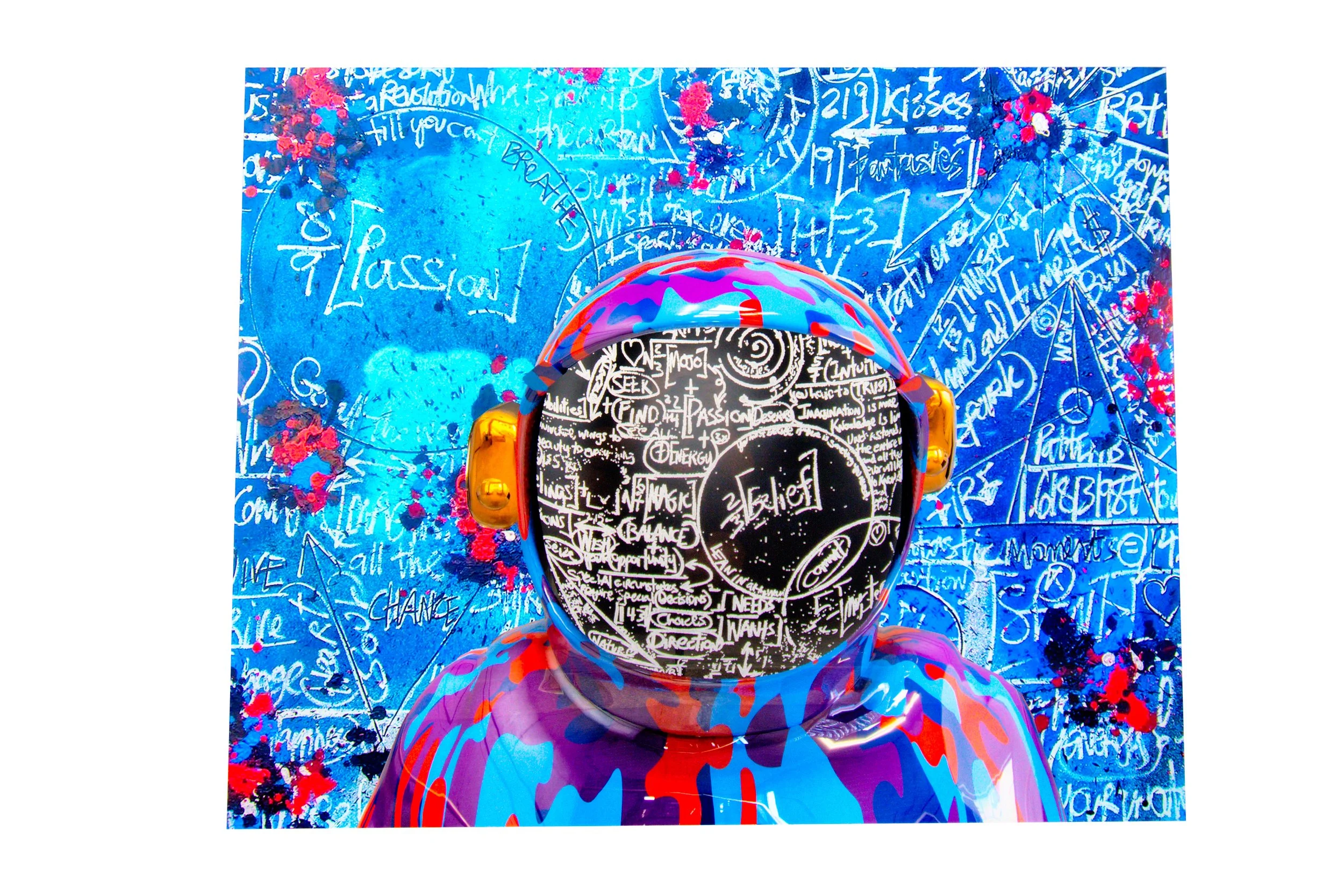 A colorful graffiti-style mural featuring a person wearing a hoodie and large headphones, with the face obscured by a circular black and white design with the word ‘believe’. The background is filled with various words, phrases, and symbols in white 