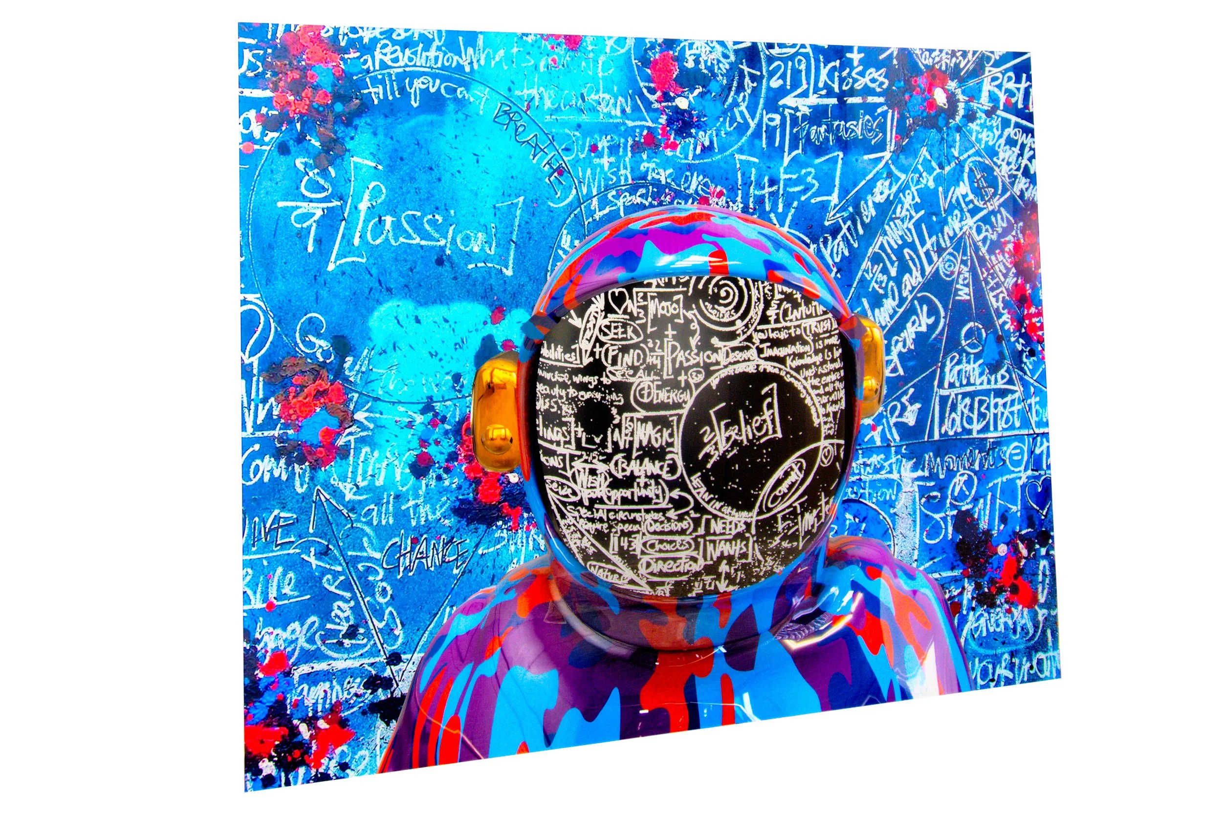 Mixed media art piece featuring a person's head and face covered with a black and white drawing of words and symbols about passion, energy, and creativity, against a blue background filled with graffiti-style text and splashes of red paint.