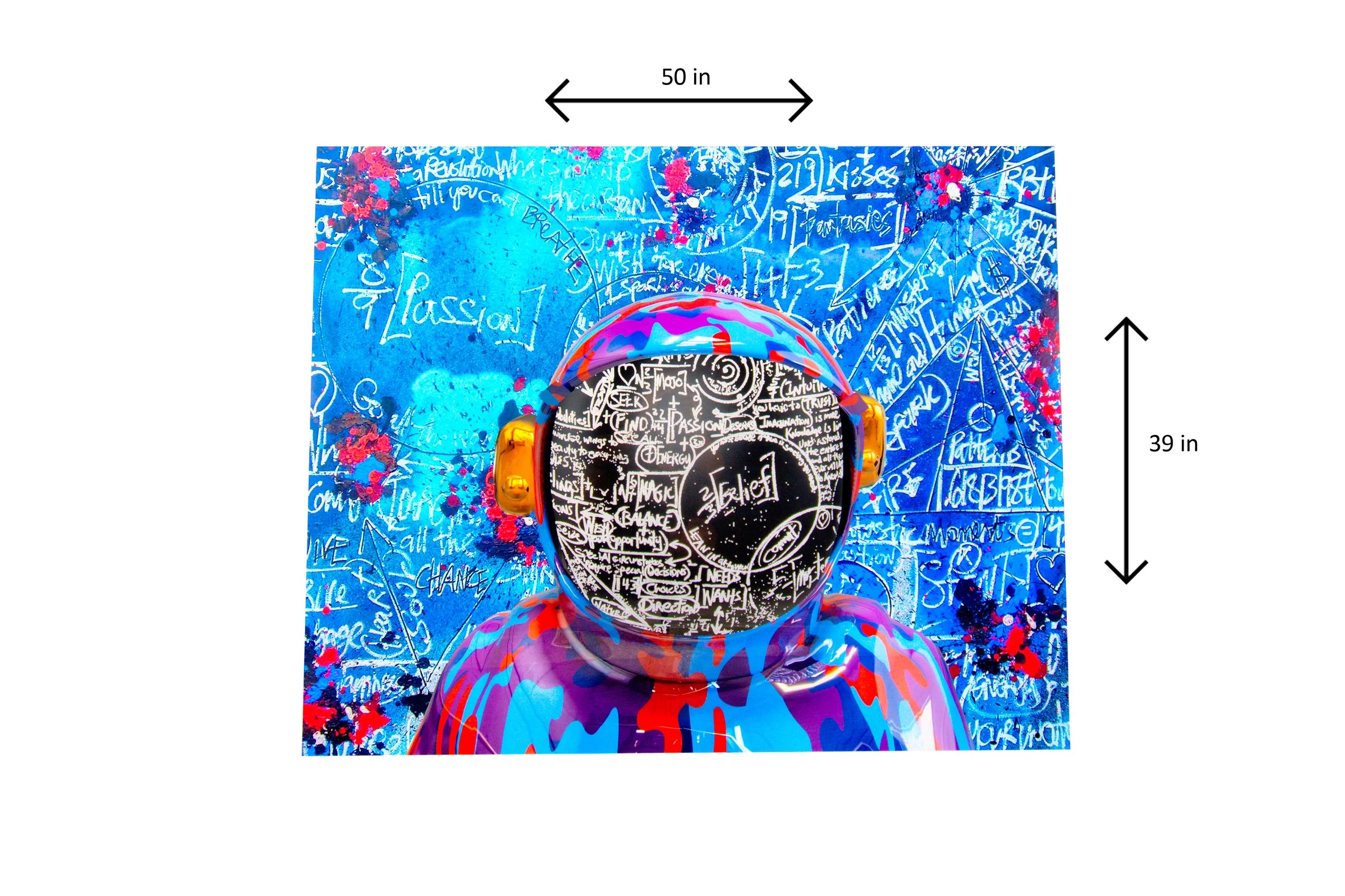 Graffiti art featuring a person in a colorful spacesuit with a reflective helmet, standing against a vibrant, graffiti-covered blue wall with words like 'Passion' and various scribbles.