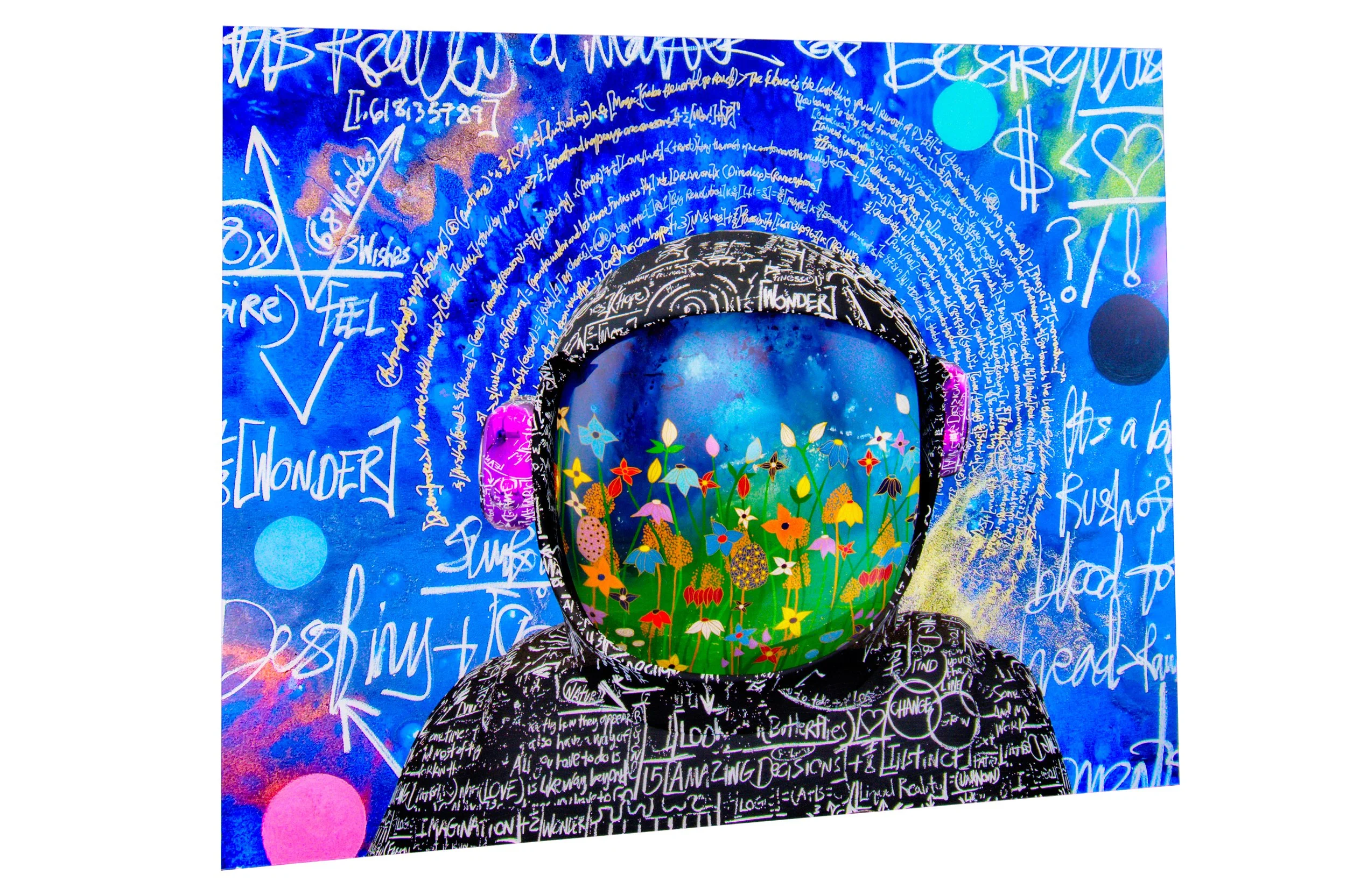 An art piece depicting a figure with a black hoodie and headphones standing against a blue background filled with handwritten words and symbols. The figure's face is replaced by a colorful depiction of flowers and grass.