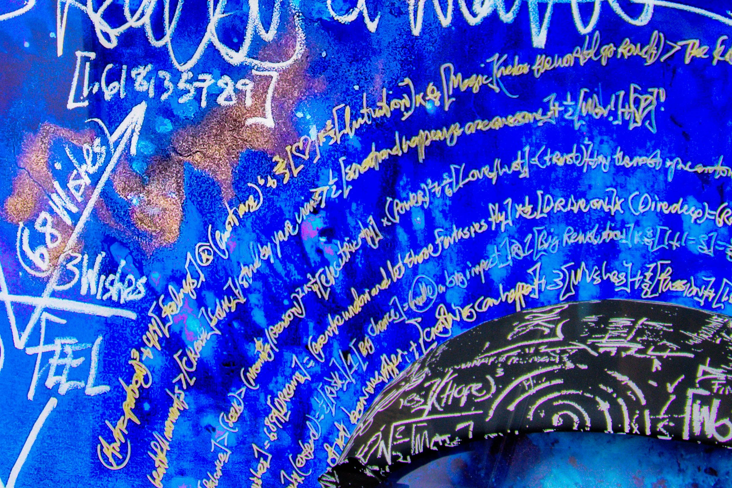 A blue textured wall with yellow and white handwritten mathematical notes and diagrams, including equations and a drawing of a spinner or wheel at the bottom.