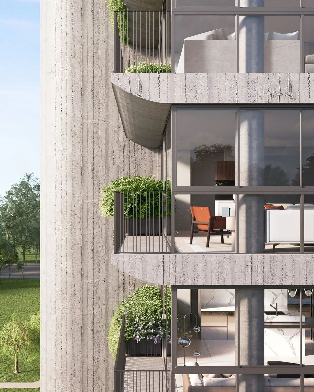 No Glass, o caixilho e a varanda-balc&atilde;o trabalham juntos para dissolver limites e expandir a experi&ecirc;ncia do morar. A modula&ccedil;&atilde;o vertical, o concreto aparente e o guarda-corpo delgado criam uma transi&ccedil;&atilde;o leve en