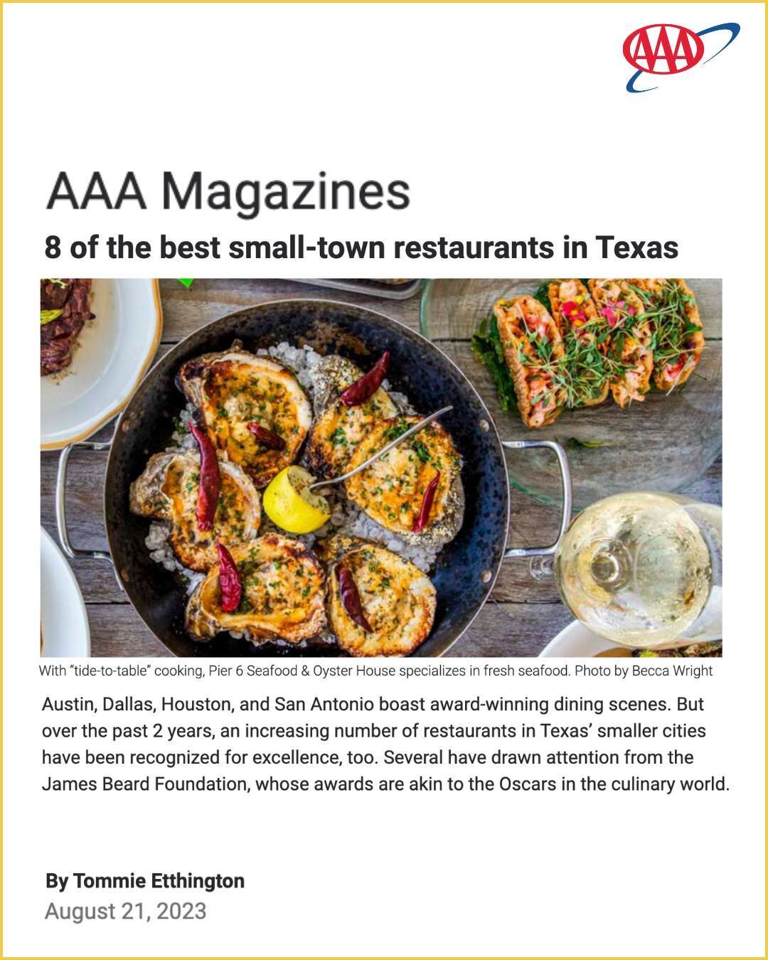 Big congrats to @[17841438098742666:@piersixseafood], named one of the Best Small-Town Restaurants in Texas by AAA Magazine! 🎉🎉🎉 

Located halfway between Houston and Galveston, this James Beard Semifinalist for Best New Restaurant (2022) is a sea