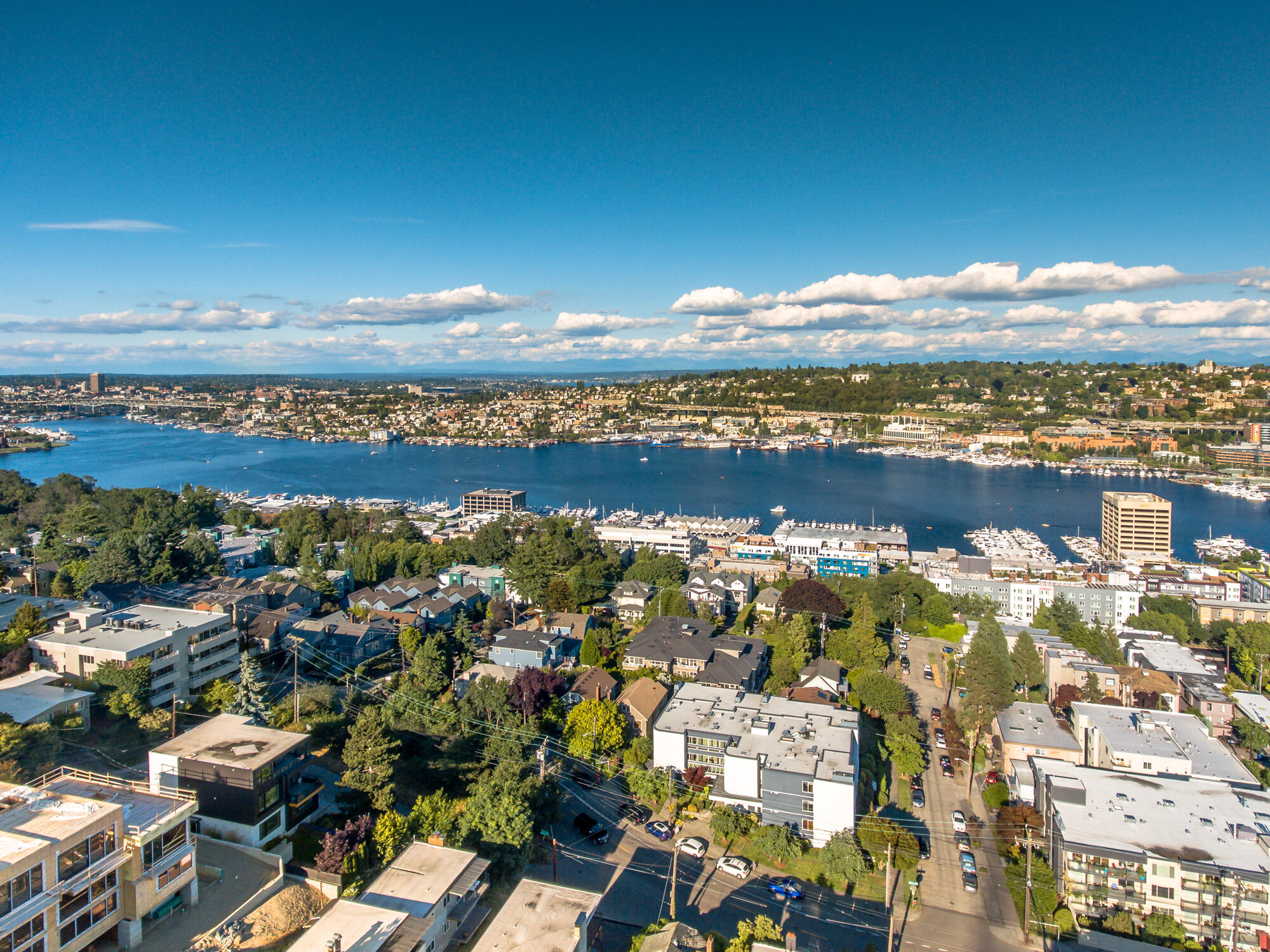 aerial drone over Seattle looking toward Lake Union