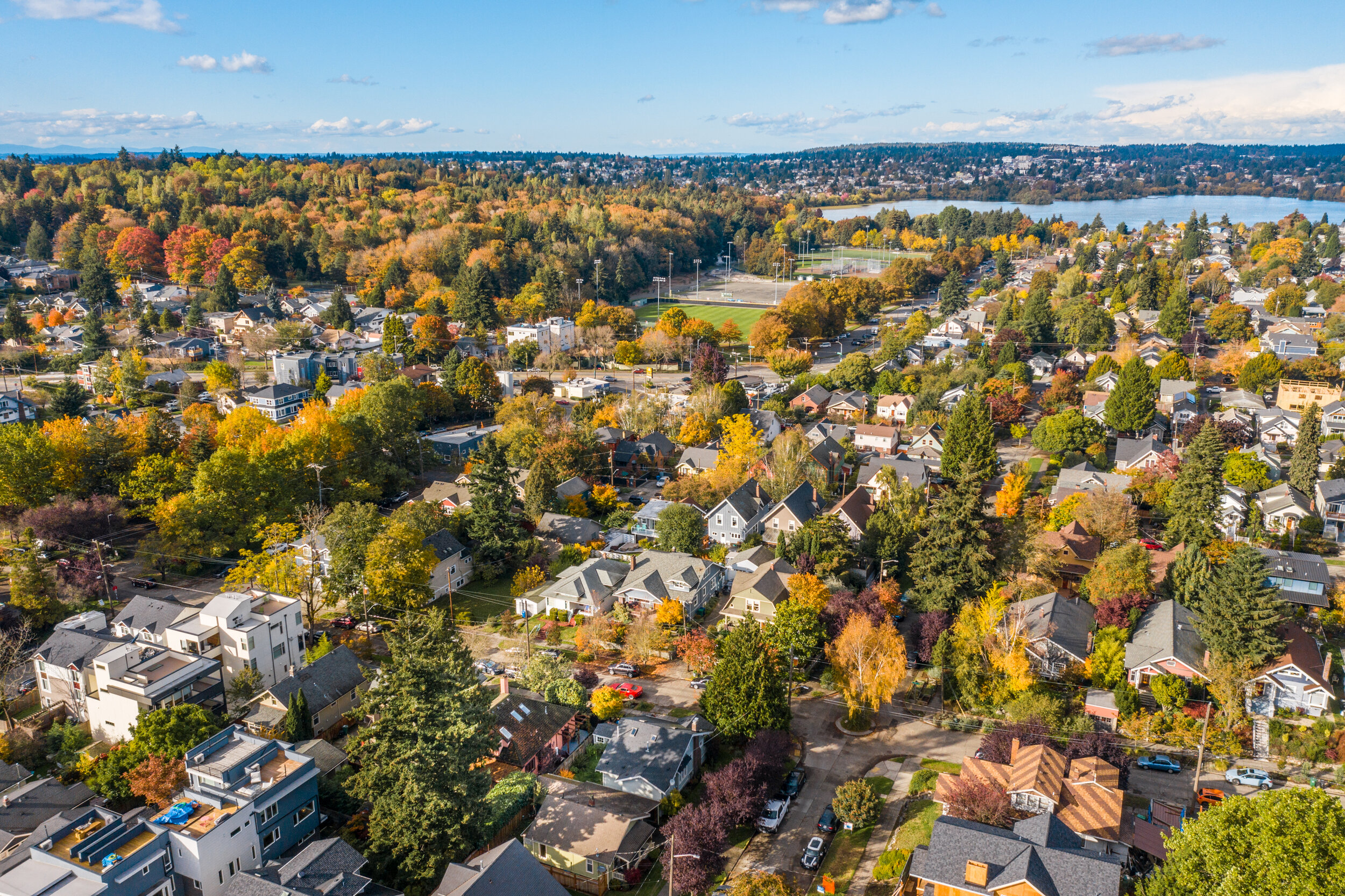 aerial shot of Wallingford neighborhood looking north toward Green Lake