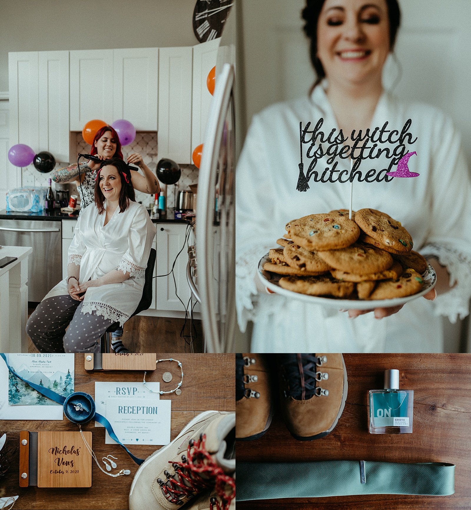  Bride getting ready for her Girdwood Elopement in Alaska with cookies  