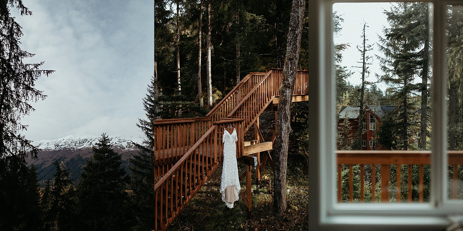  Wedding gown on a stair railing on an airbnb cabin for Girdwood Elopement 