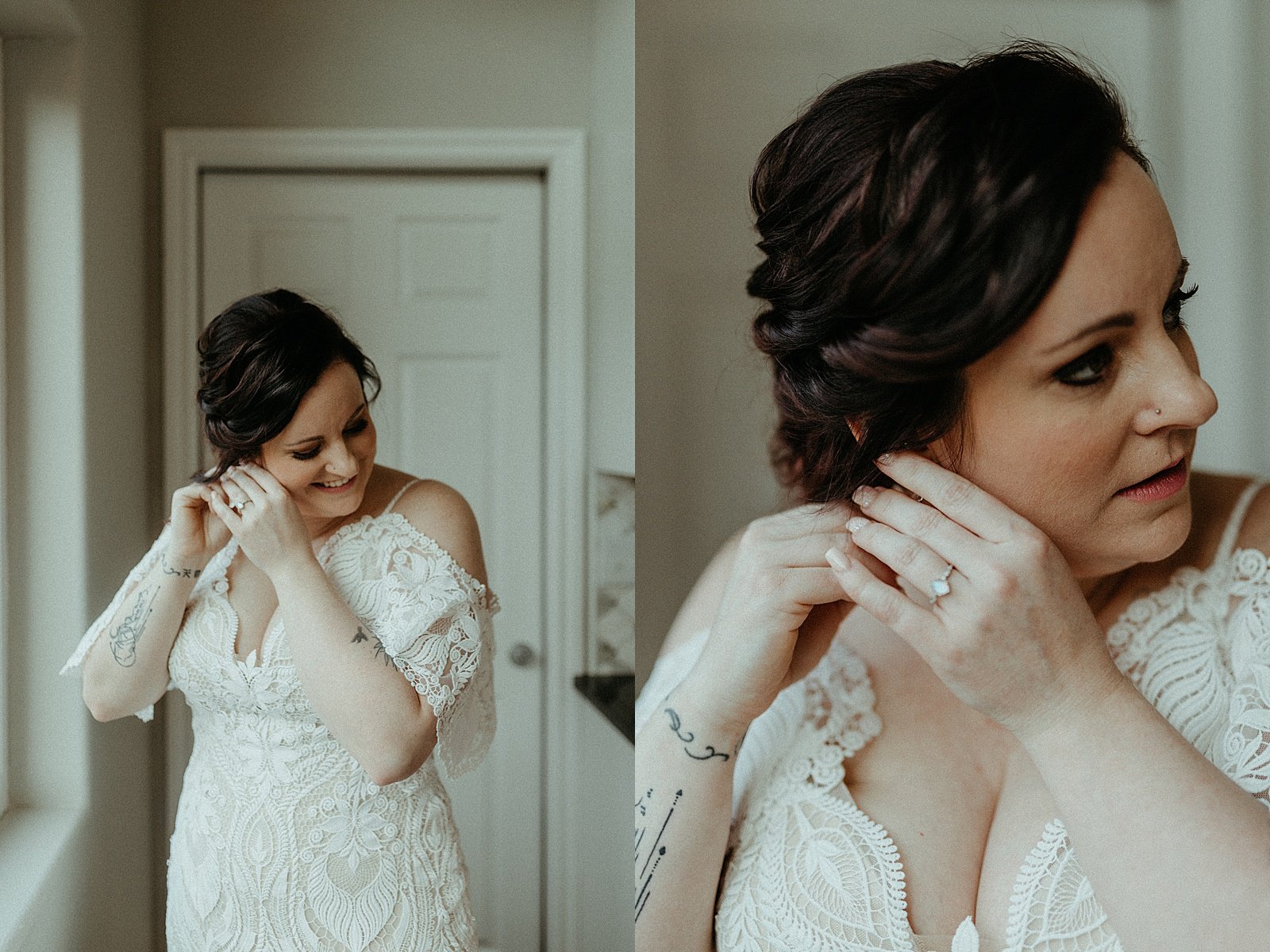 Bride in white robe putting on her earring by Anchorage elopement photographer, Rachel Struve 