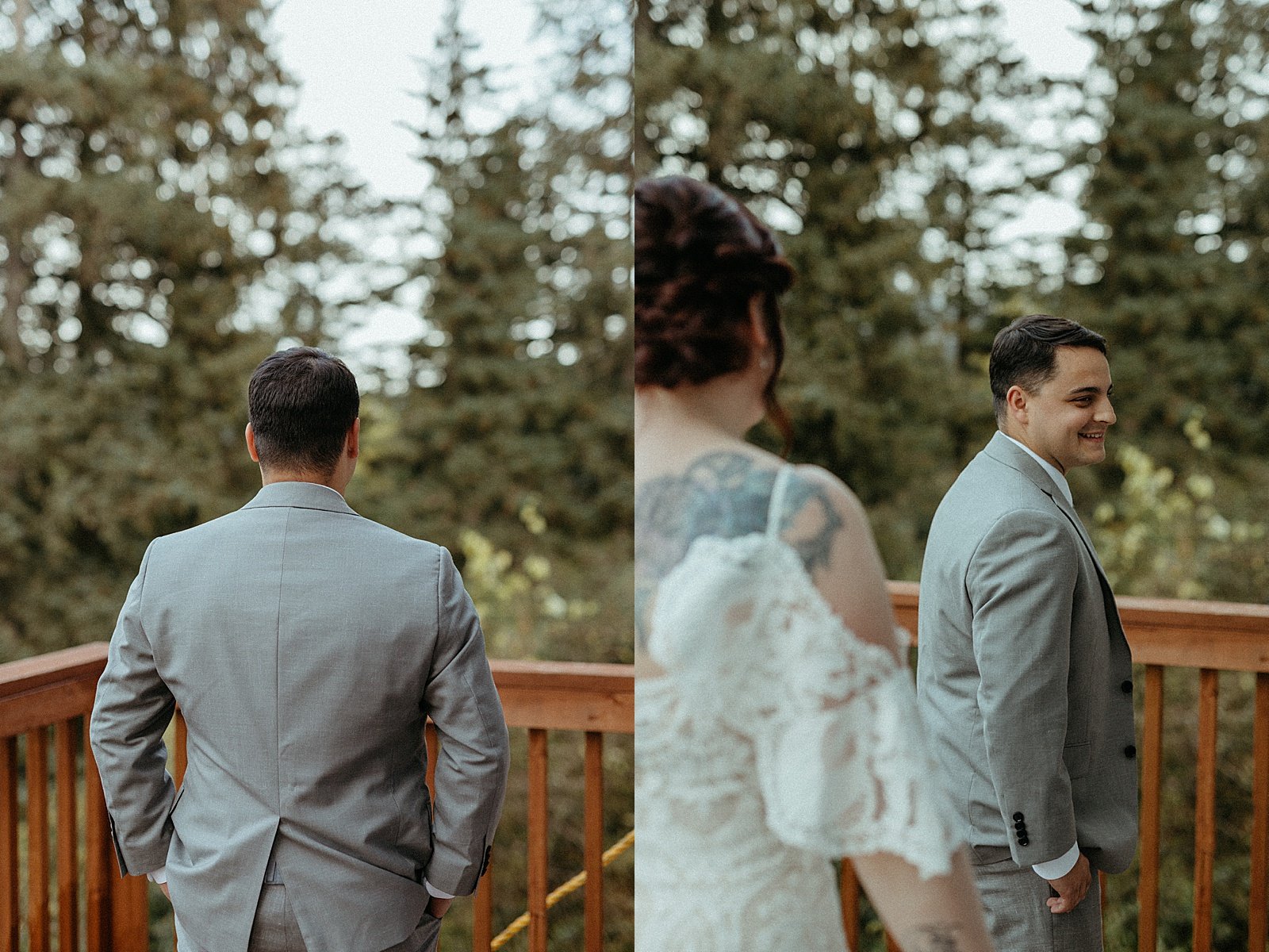  Groom waiting on patio for first look with his bride for Girdwood Elopement 