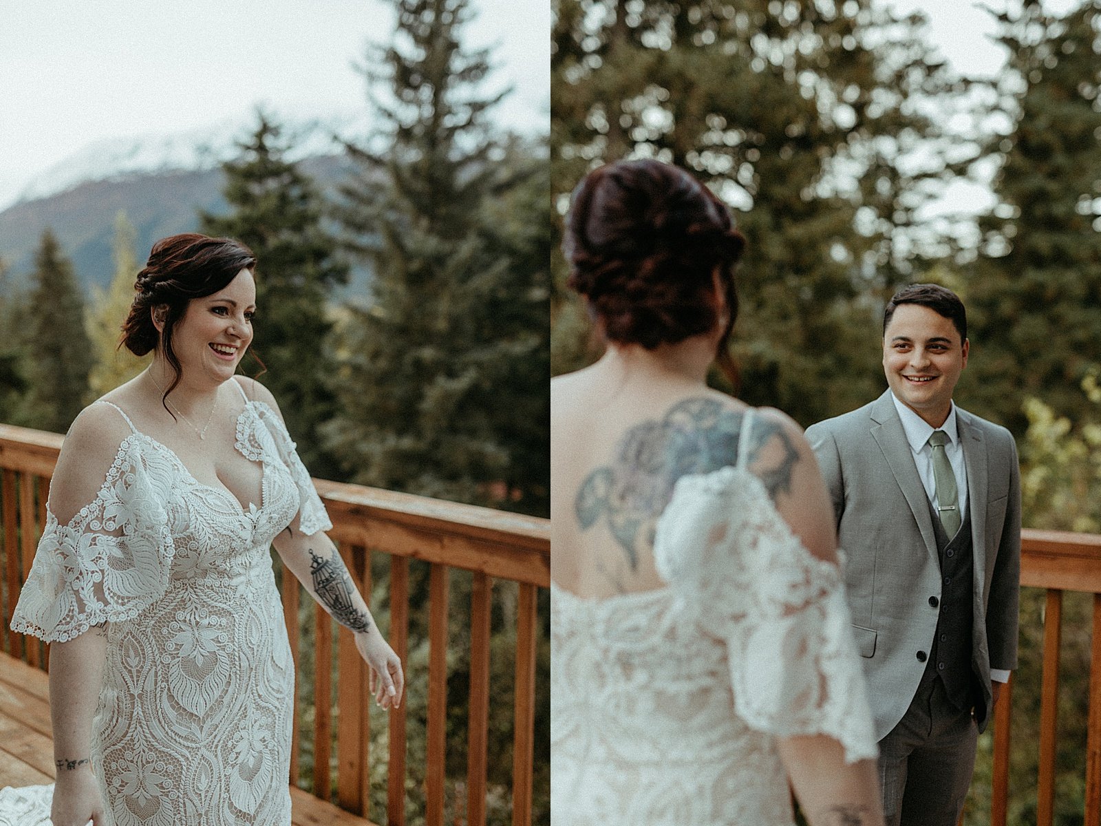  Bride showing groom her white lace dress on a cabin balcony surrounded by trees 