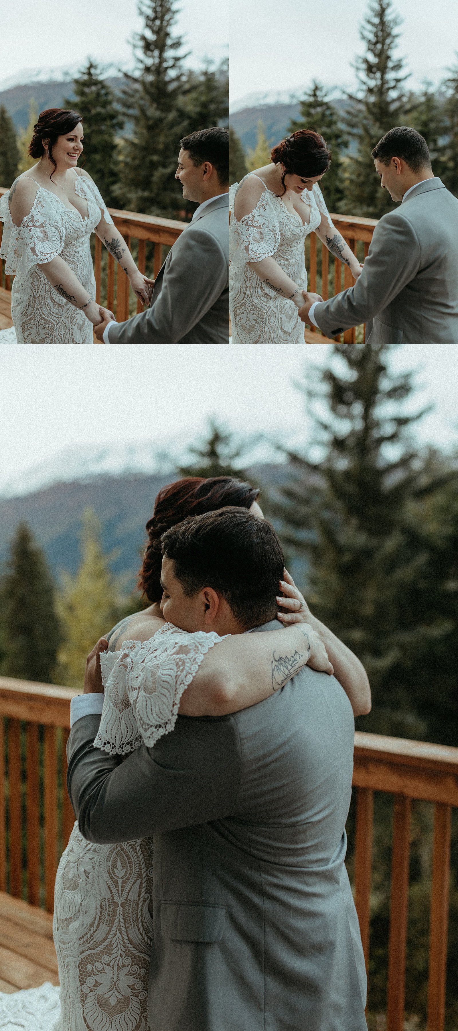  Bride and groom embracing before their ceremony for Alaskan Elopement in the forest 