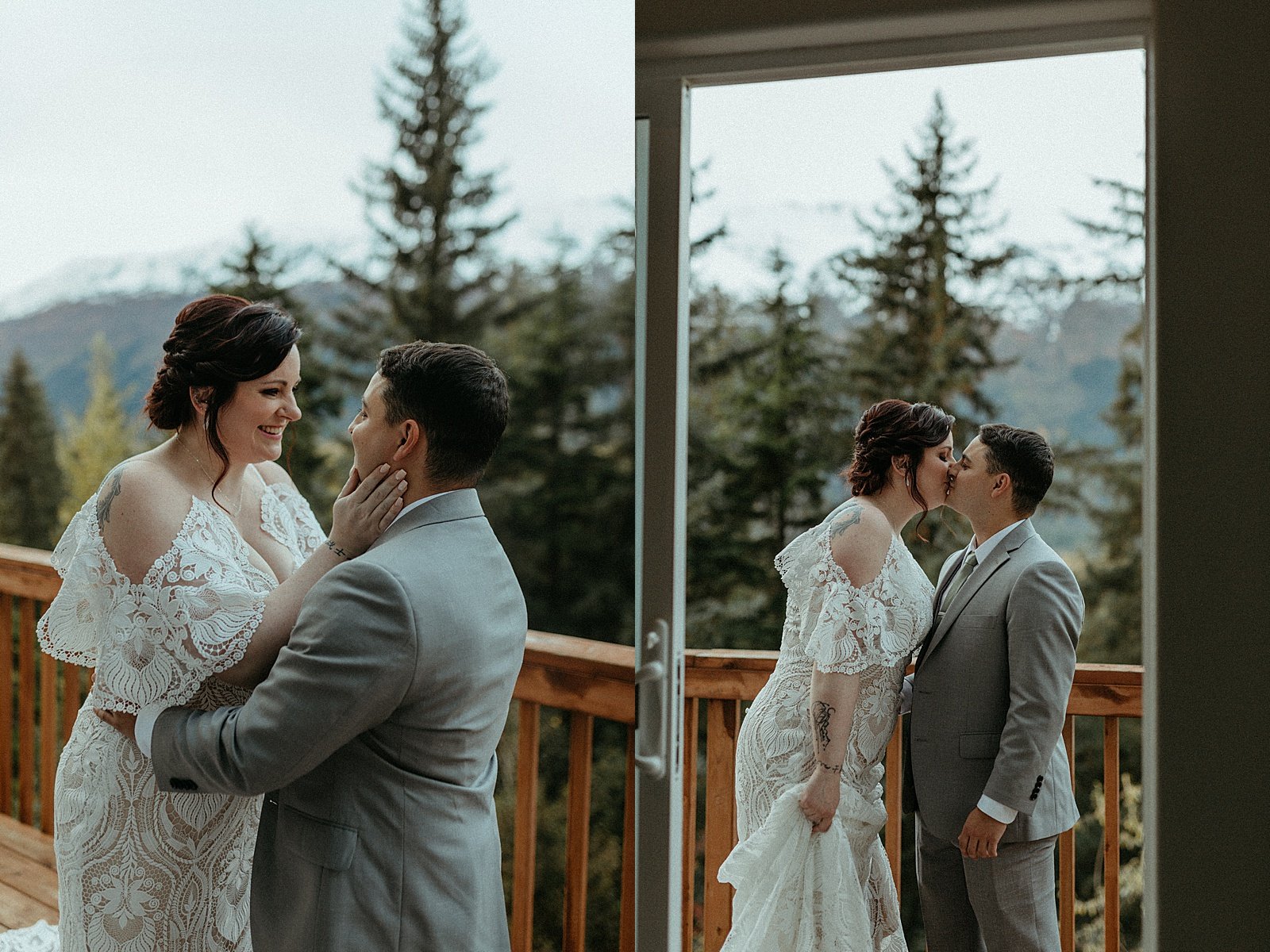  Bride and groom embracing on a balcony in the woods after their first look  