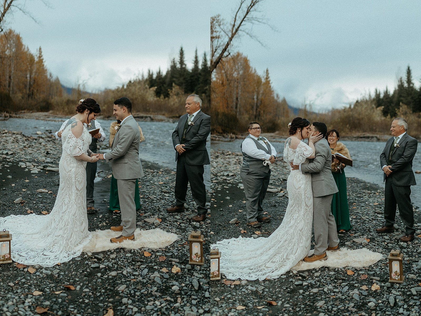 Bride and groom sharing a moment during their Girdwood Elopement on the riverbank 