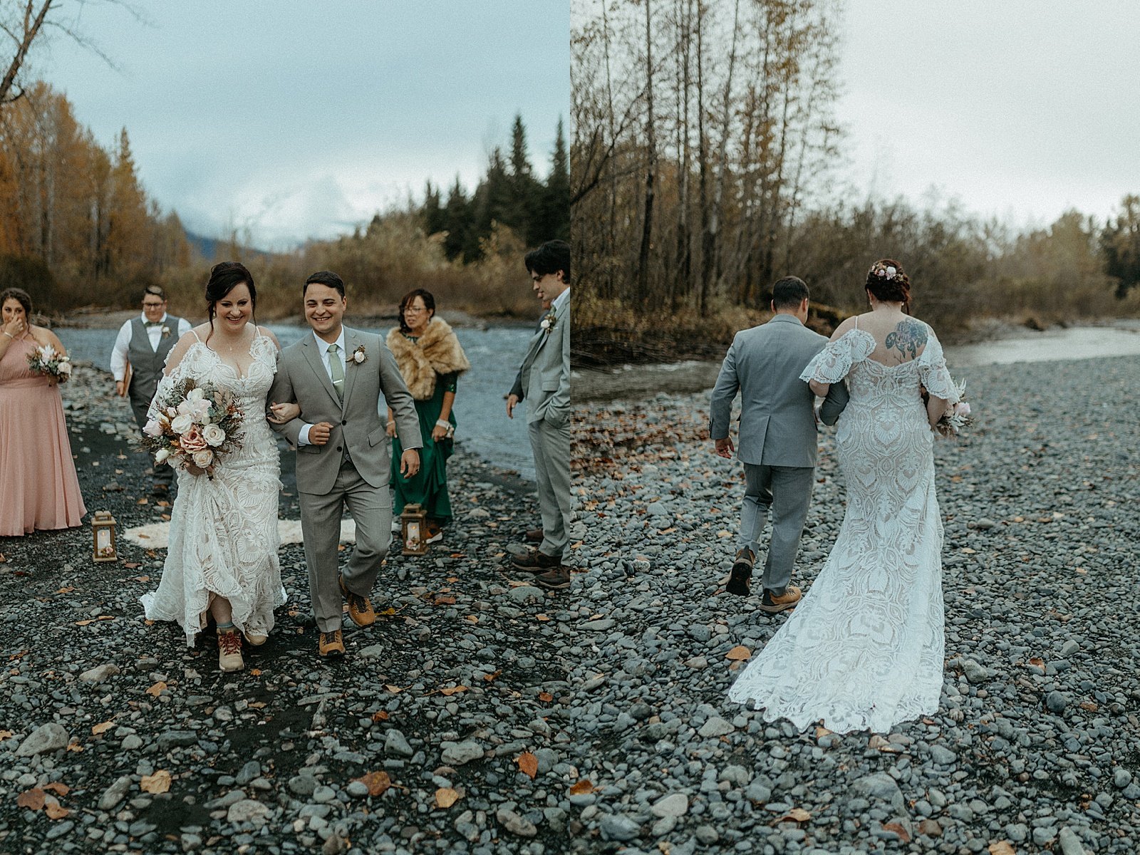  Newlyweds exiting their ceremony after intimate elopement on a river bank in Alaska 