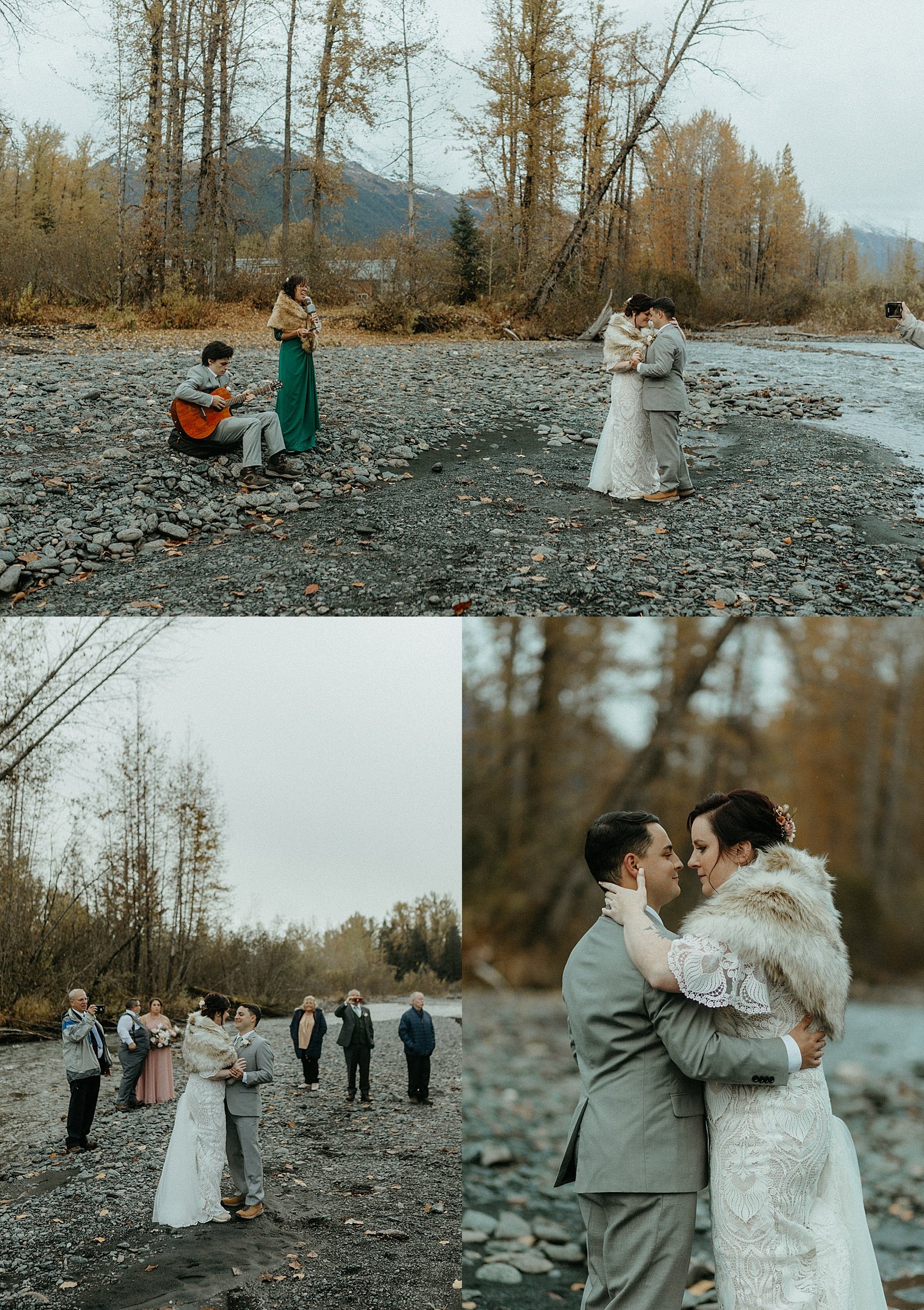  Newlyweds share an intimate first dance on the river bank for Girdwood Elopement 