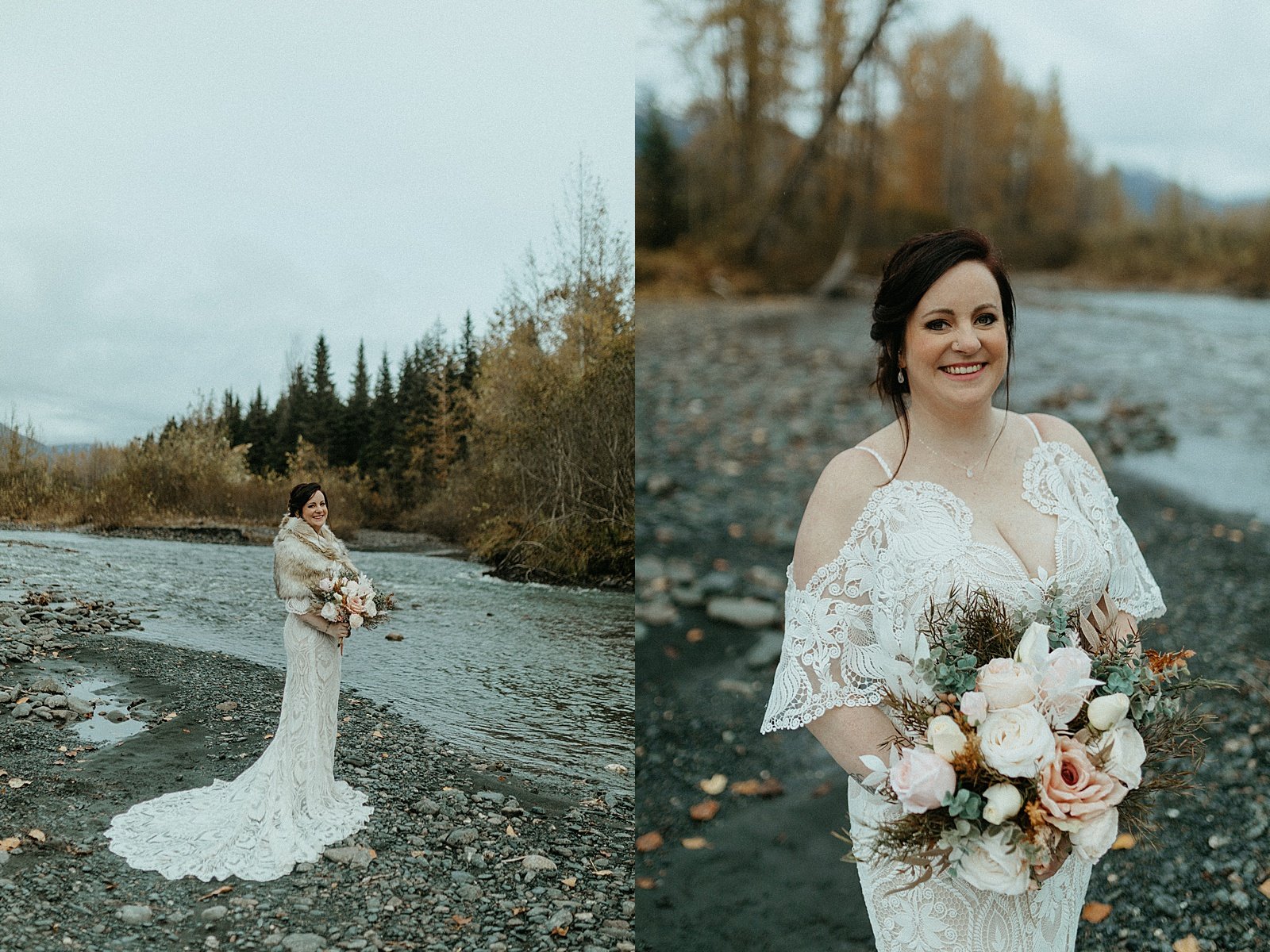  Bride with long train dress by a river in Alaska holding a large bouquet of flowers 