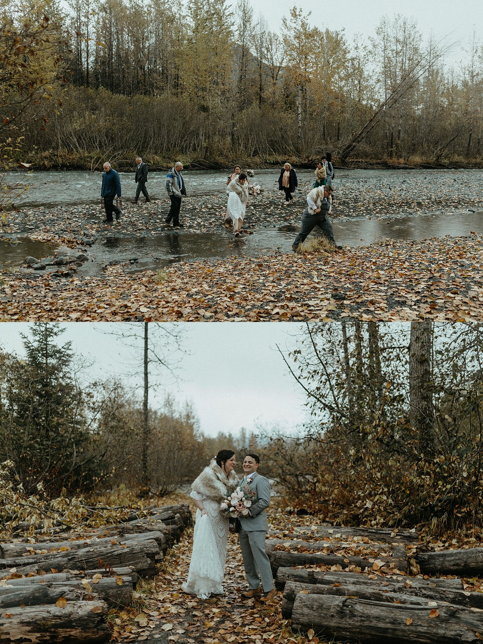  Bride and groom cross a river with their guests for adventure Girdwood Elopement 