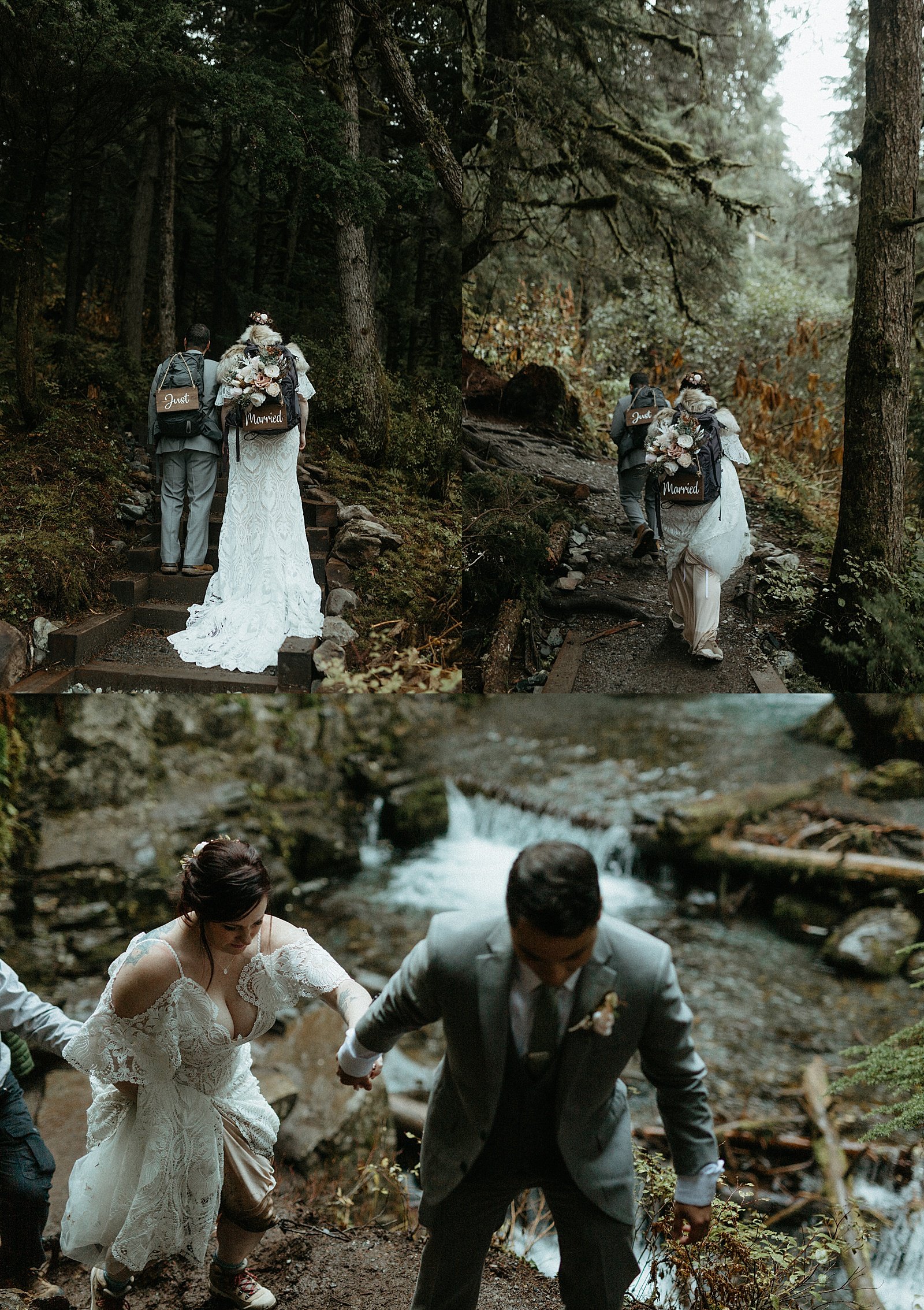  Adventurous bride and groom going through a forest with backpacks 