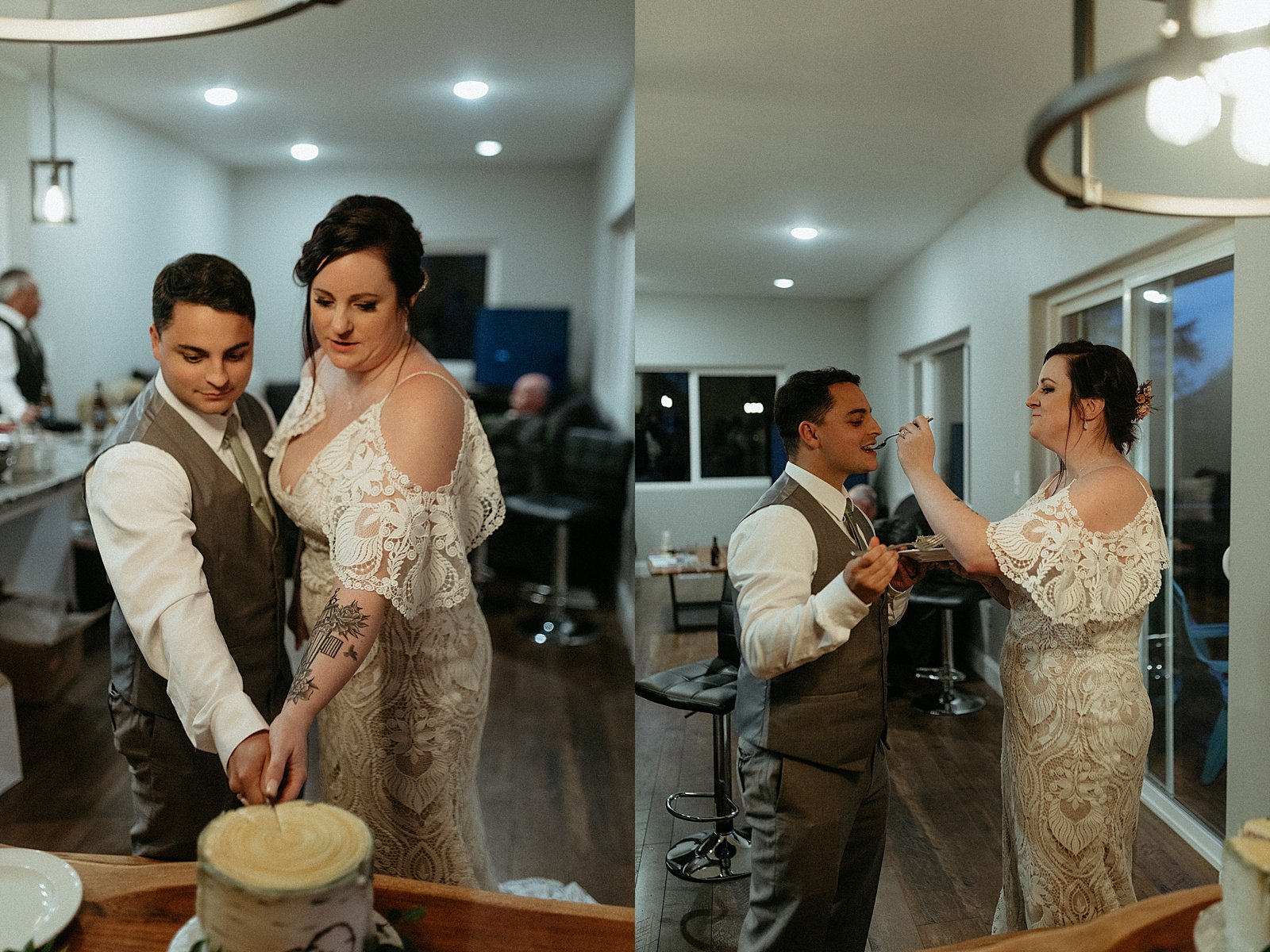  Newlyweds cutting the cake with their family and friends at an Airbnb for Girdwood Elopement 