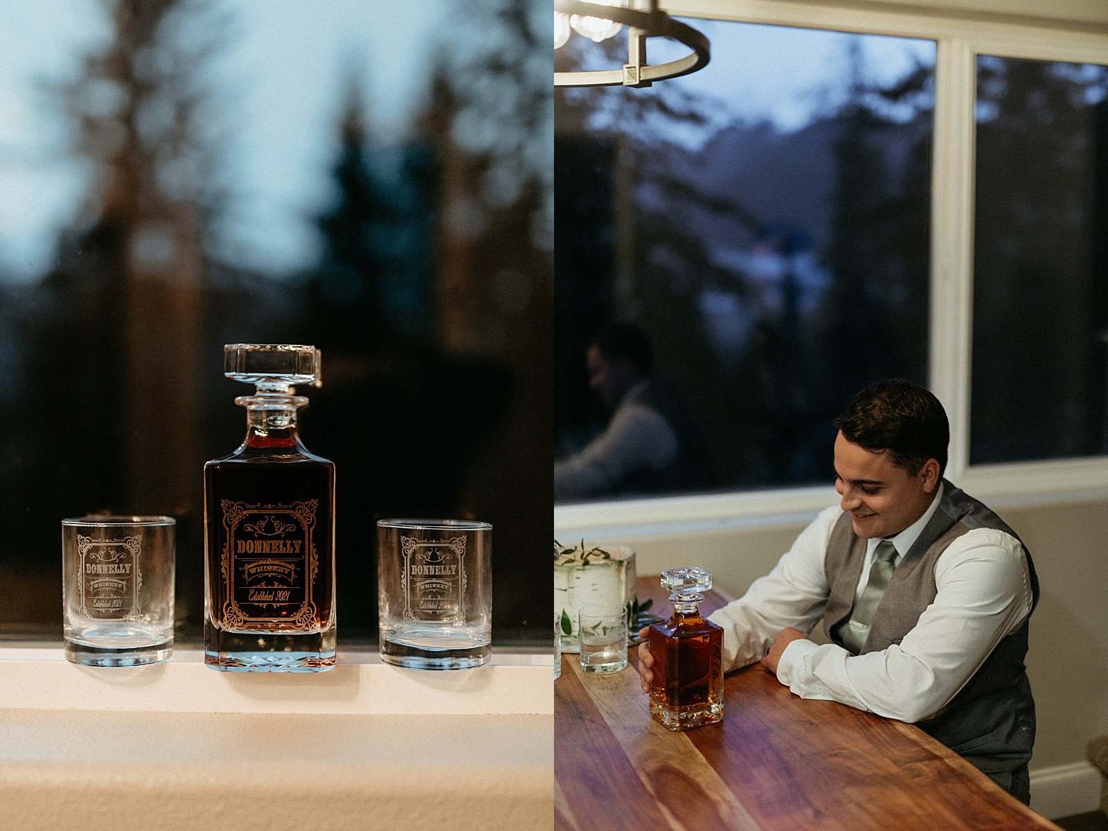  Groom drinking whiskey after intimate elopement in Alaska  