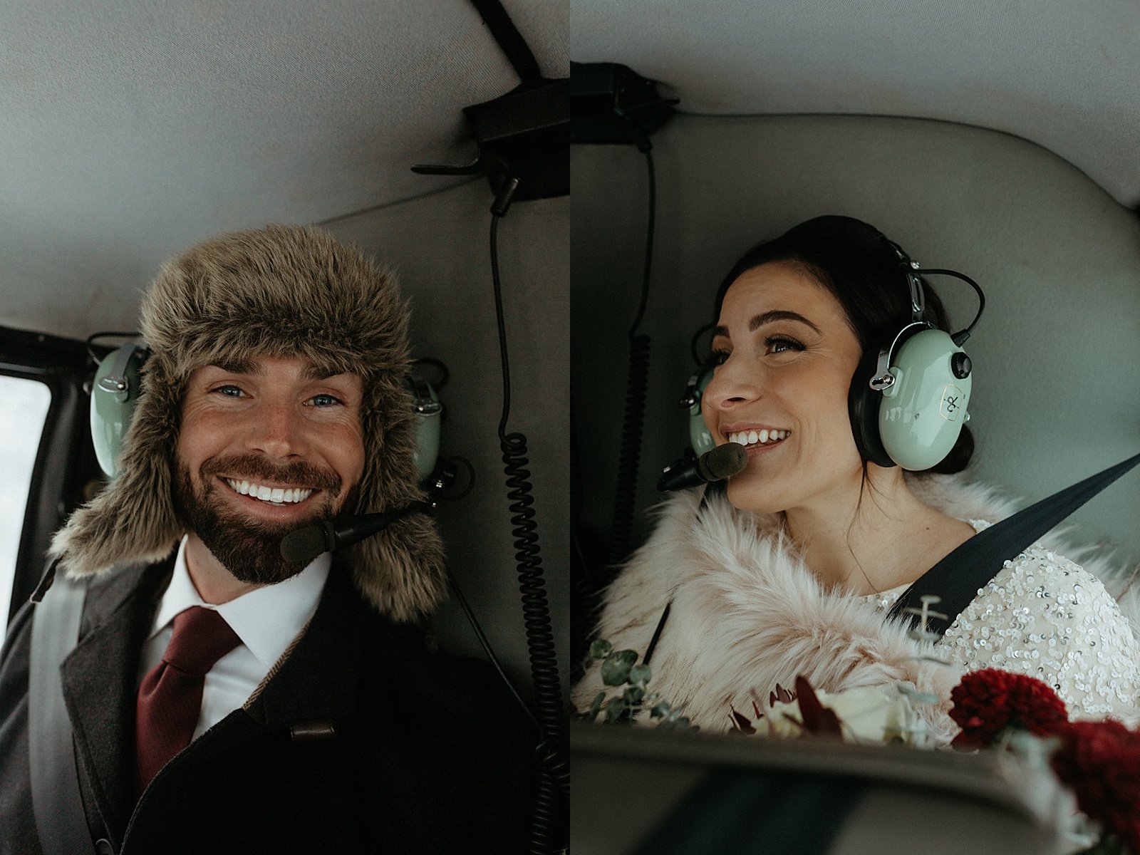  Man and woman in a helicopter together for their glacier adventure elopement 